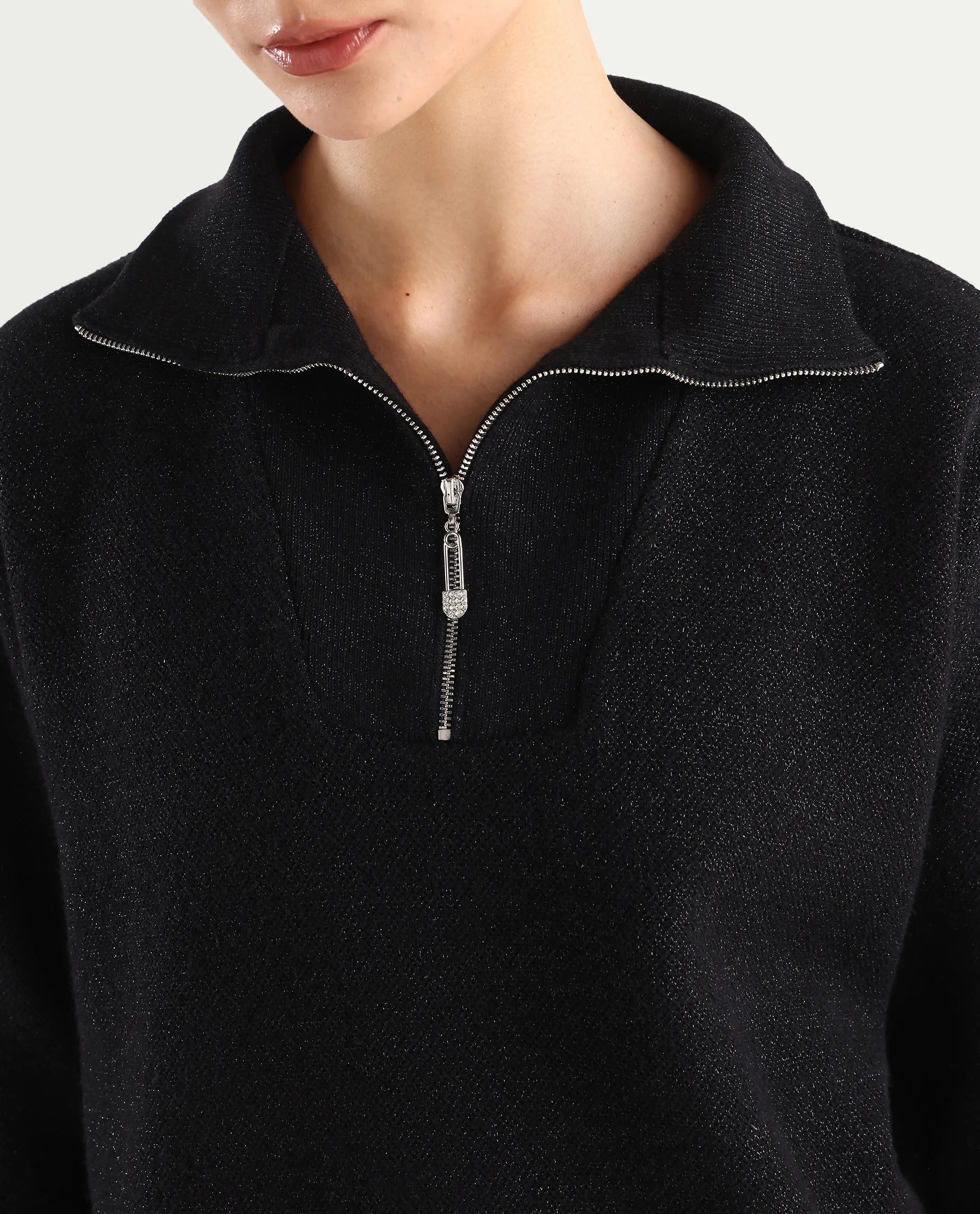 Rareism Women's Ortaca Black High Neck Plain Relaxed Fit Sweater