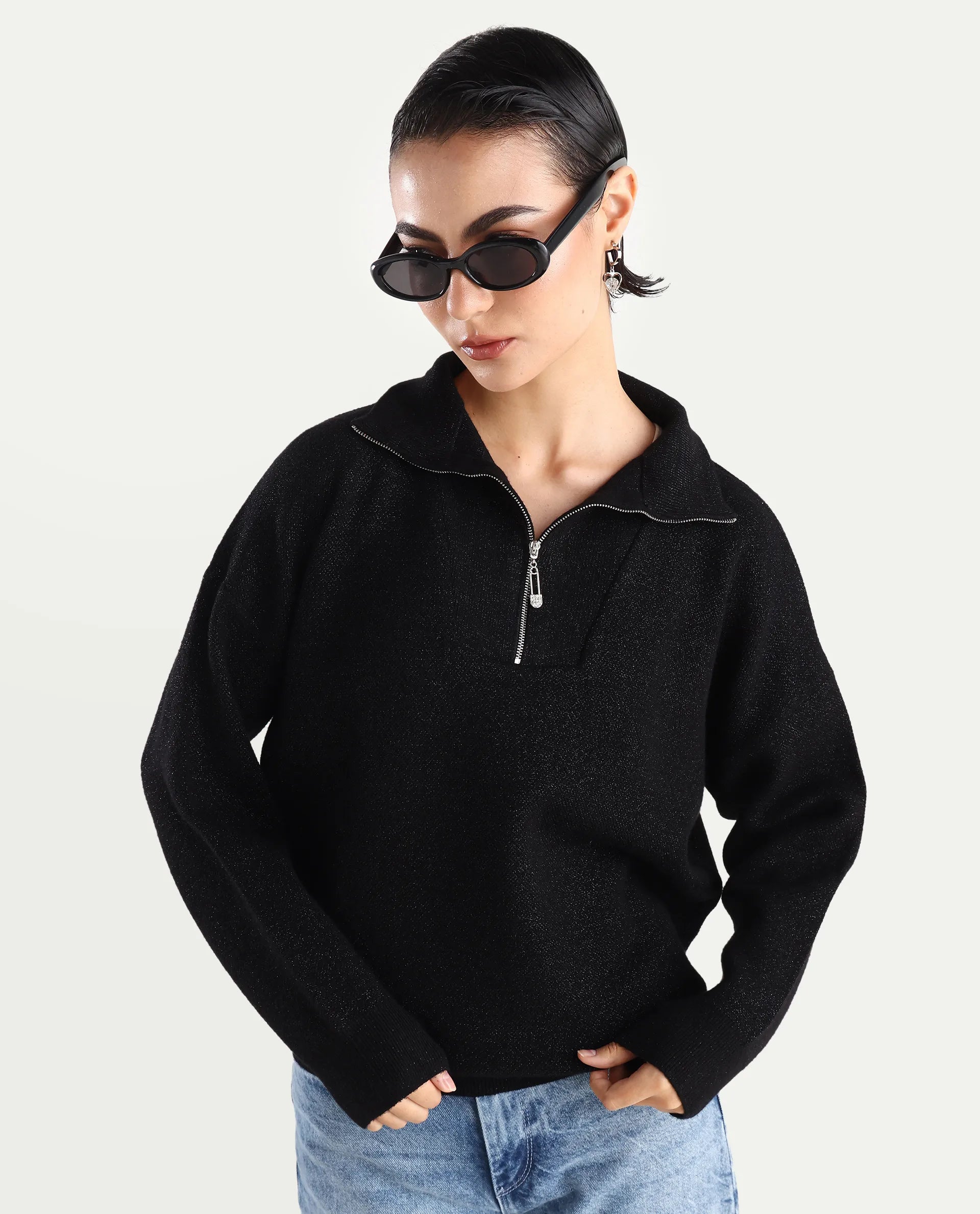 Rareism Women's Ortaca Black High Neck Plain Relaxed Fit Sweater