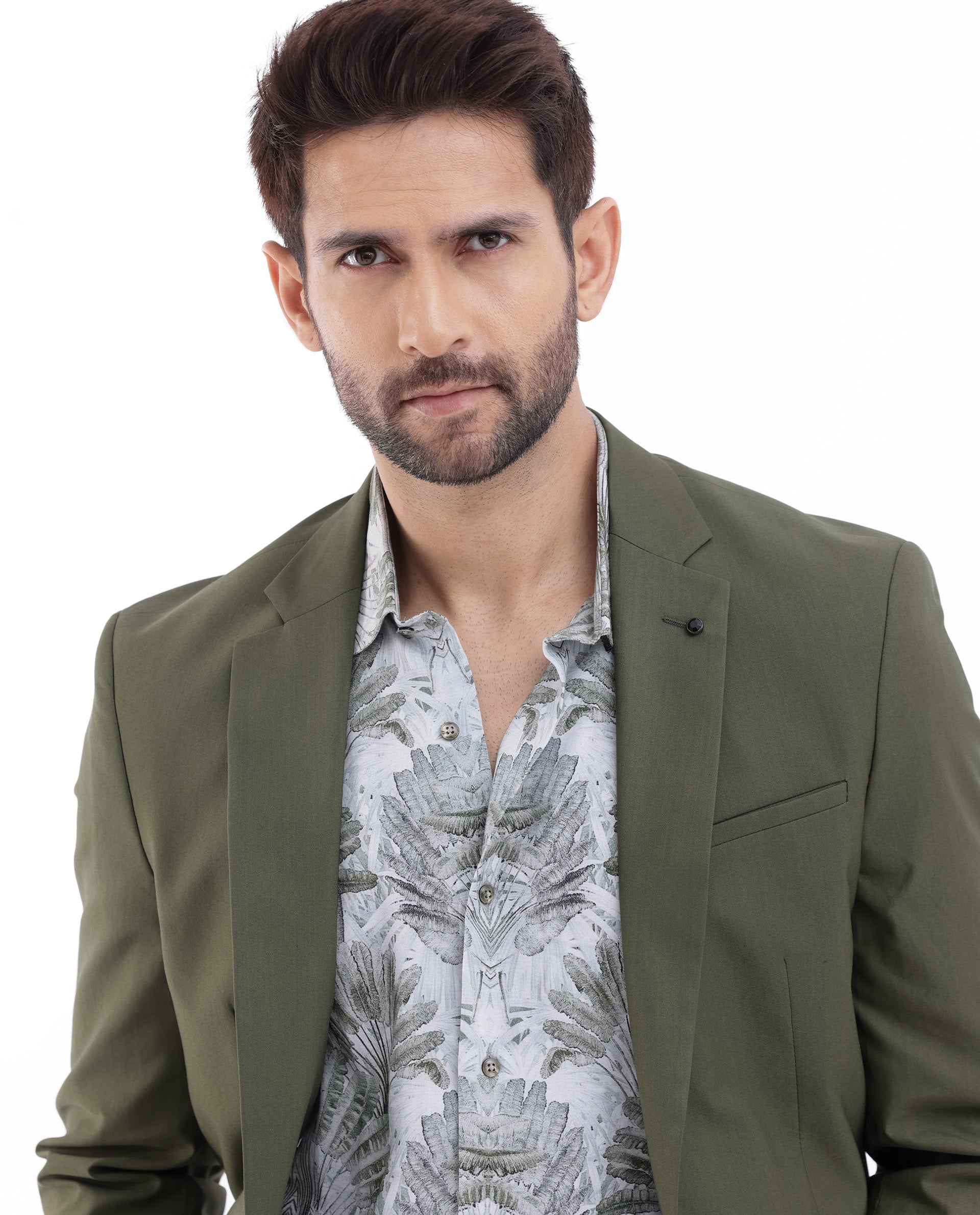 Rare Rabbit Mens Oscar Dark Olive Polyester Viscose Fabric Notch Lapel Button Closure Single Breasted Tailored Fit Solid Suits