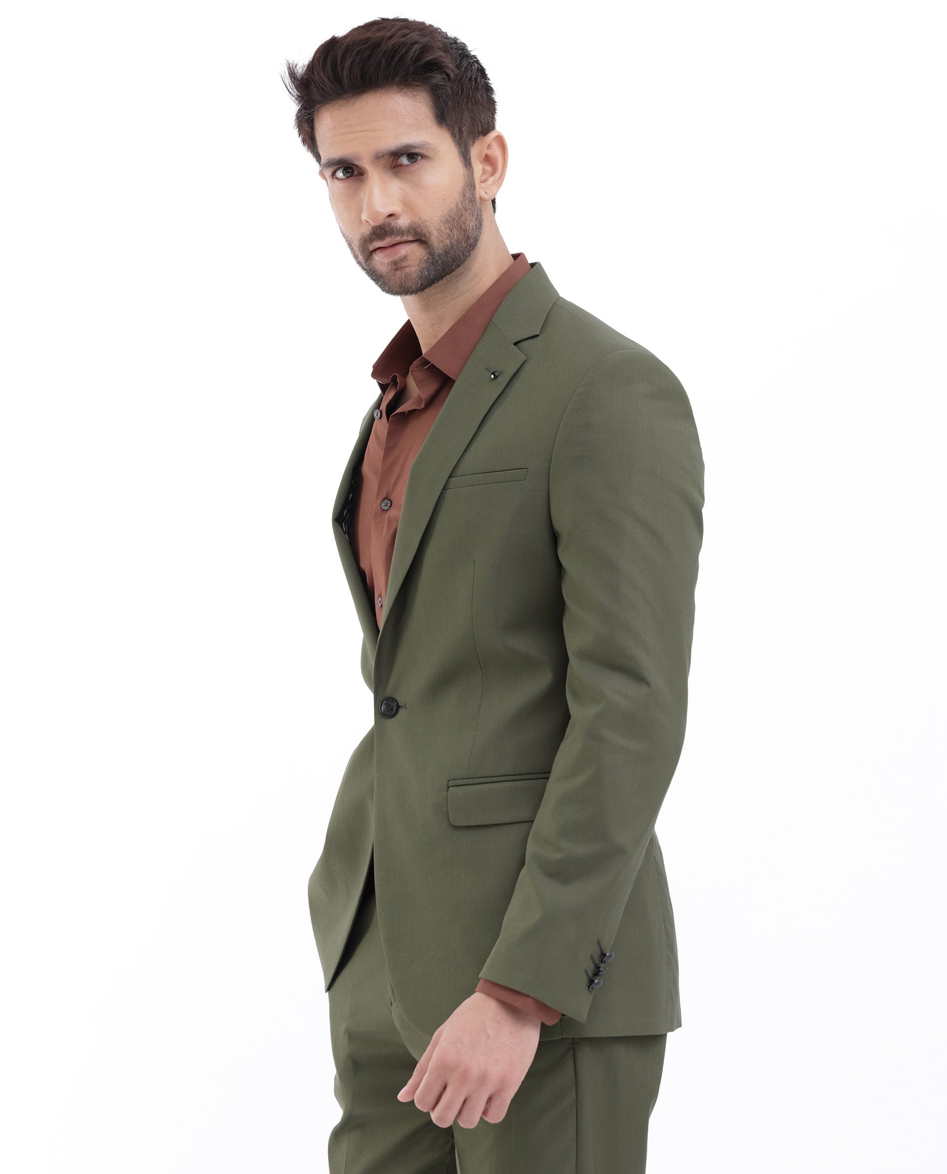 Rare Rabbit Mens Oscar Dark Olive Polyester Viscose Fabric Notch Lapel Button Closure Single Breasted Tailored Fit Solid Suits