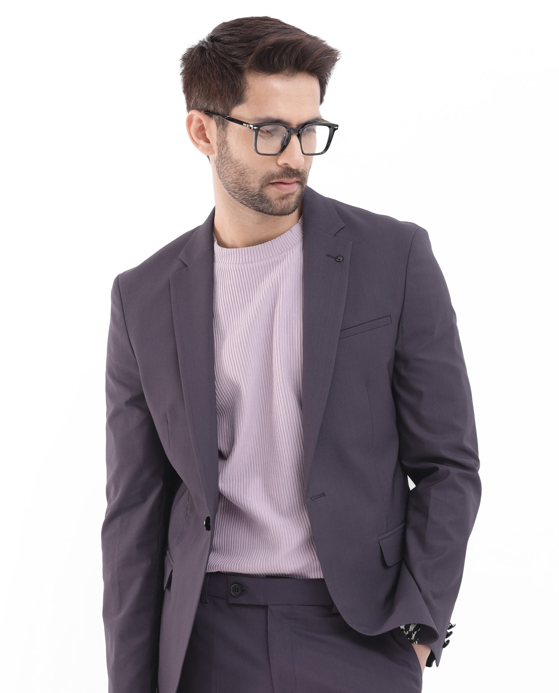 Rare Rabbit Men's Oscar Dark Purple Polyester Viscose Fabric Notch Lapel Button Closure Single Breasted Cavalry Twill Suits