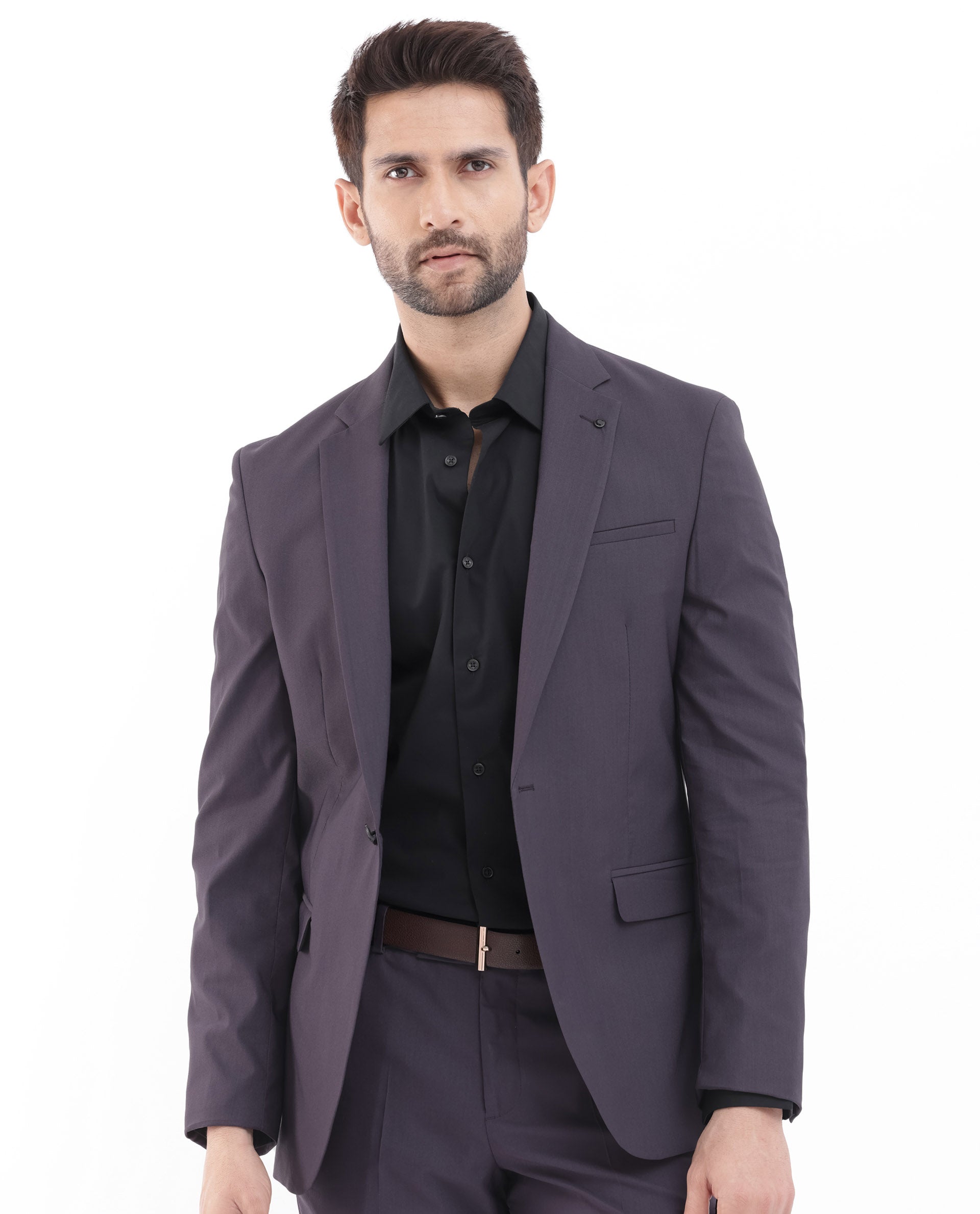 Rare Rabbit Men's Oscar Dark Purple Polyester Viscose Fabric Notch Lapel Button Closure Single Breasted Cavalry Twill Suits