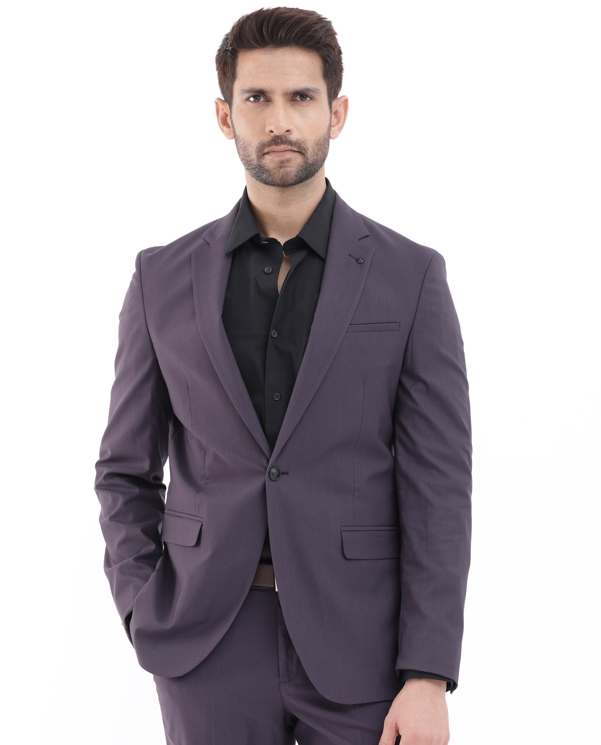 Rare Rabbit Men's Oscar Dark Purple Polyester Viscose Fabric Notch Lapel Button Closure Single Breasted Cavalry Twill Suits