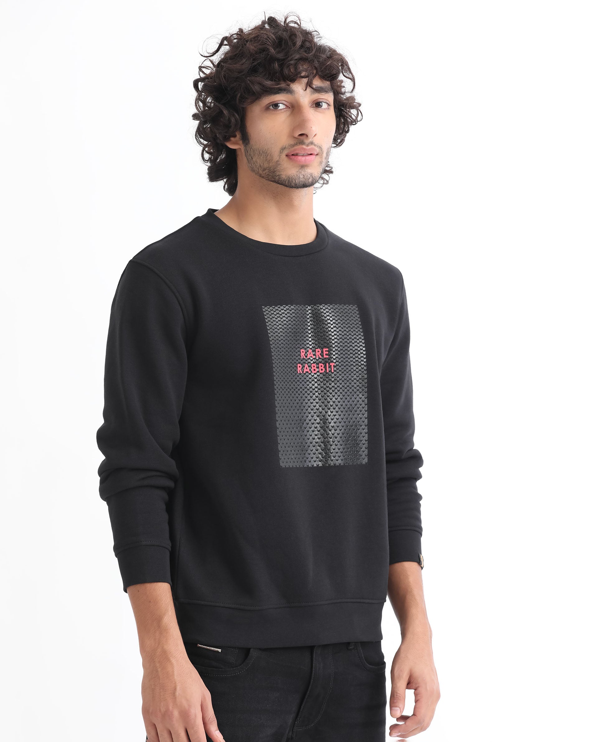 Rare Rabbit Men's Osin Black Cotton Polyester Fabric Full Sleeves Graphic Print Knitted Sweatshirt