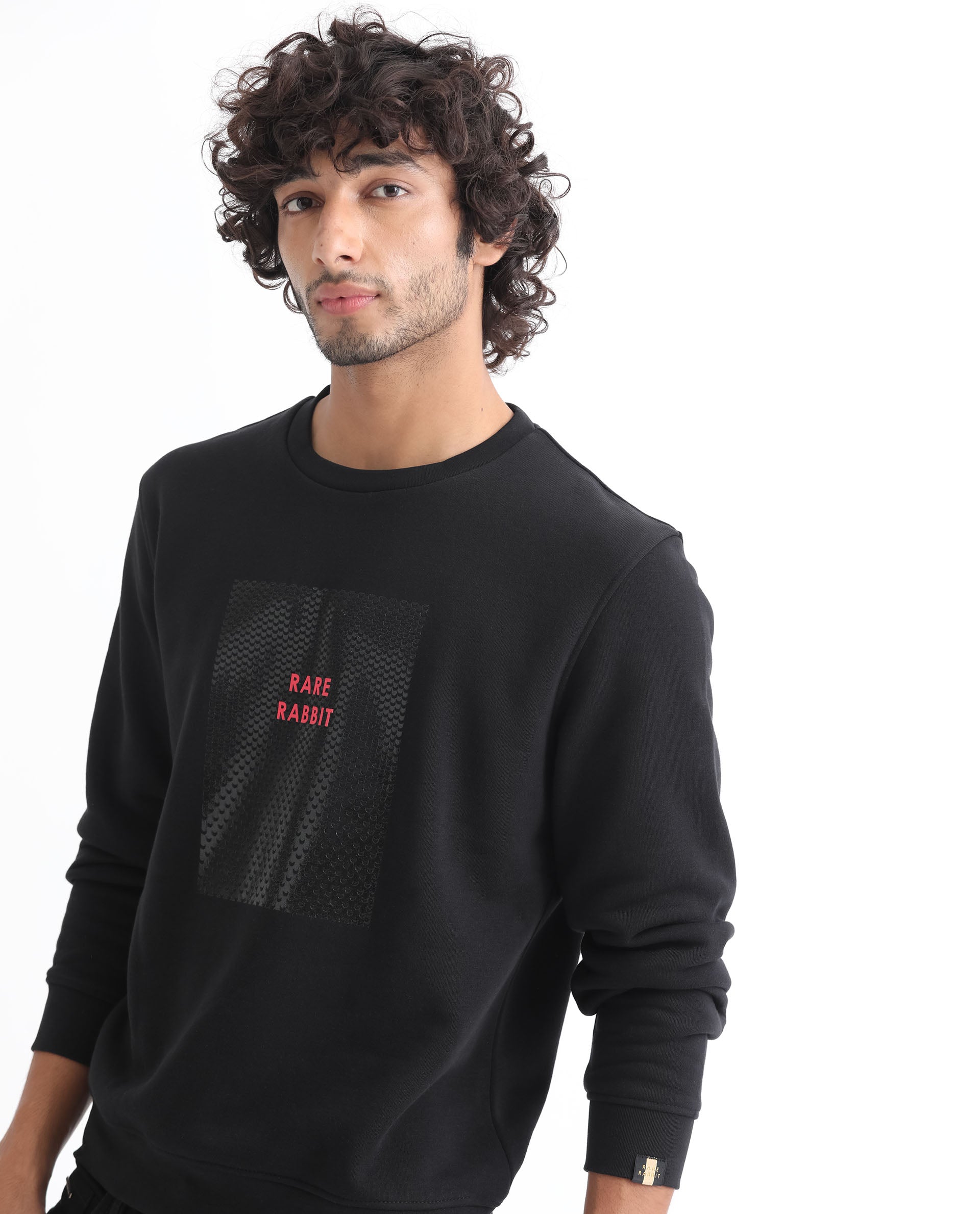 Rare Rabbit Men's Osin Black Cotton Polyester Fabric Full Sleeves Graphic Print Knitted Sweatshirt