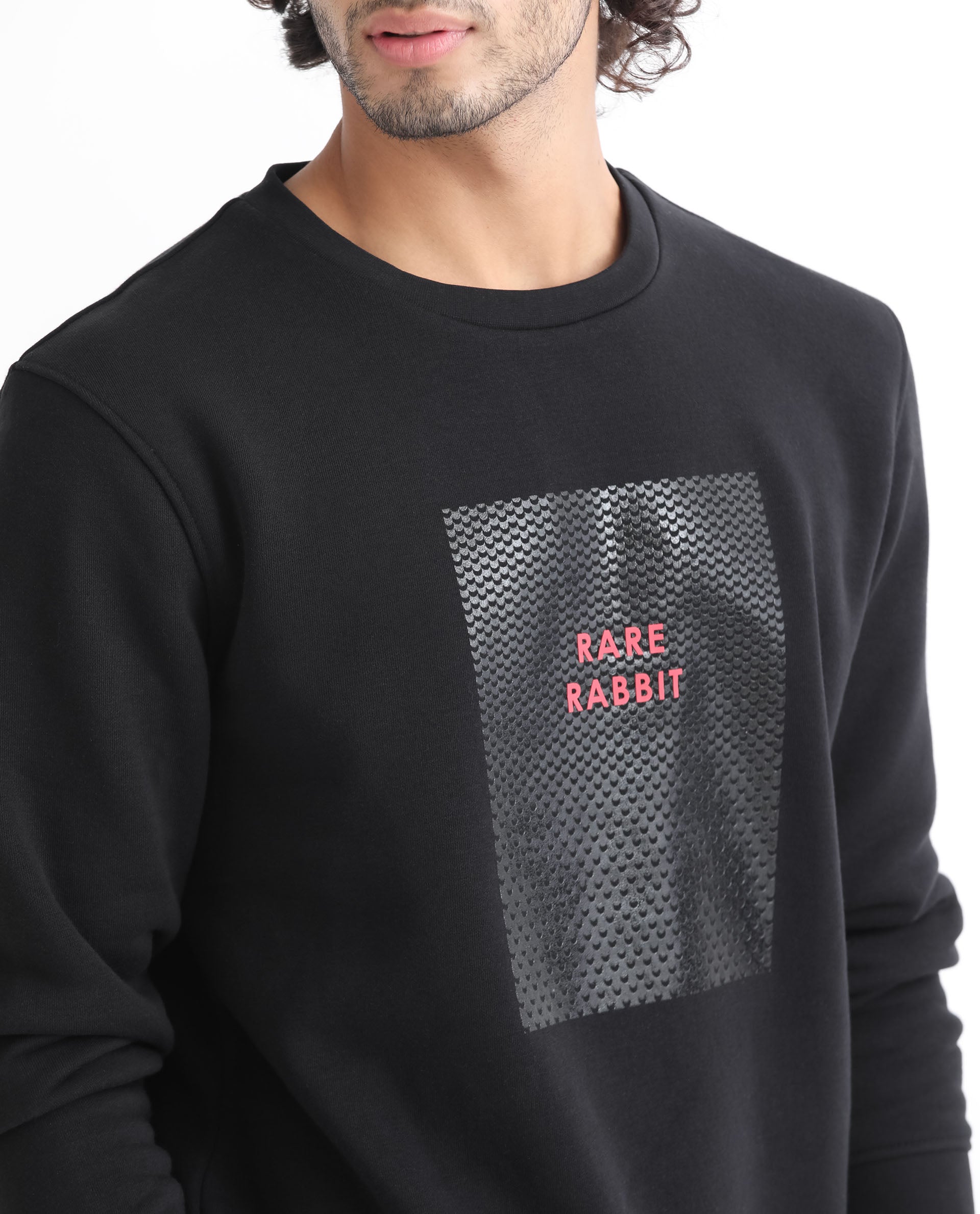 Rare Rabbit Men's Osin Black Cotton Polyester Fabric Full Sleeves Graphic Print Knitted Sweatshirt
