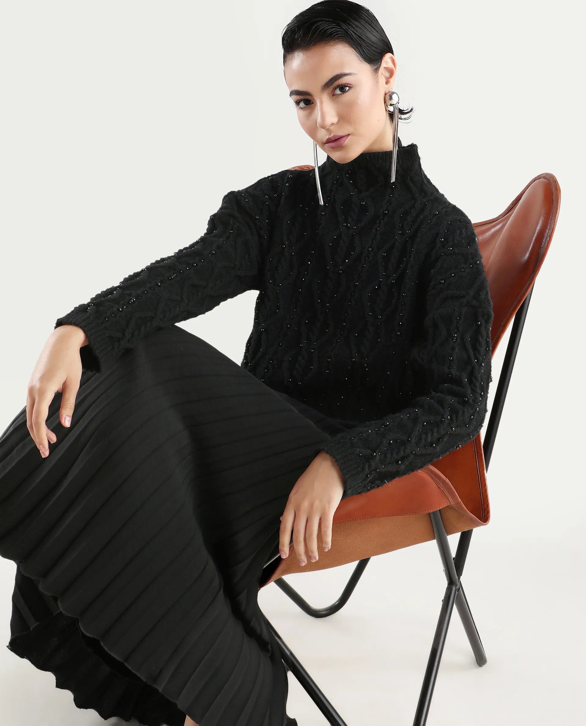 Rareism Women's Osmaniye Black Polyester High Neck Plain Relaxed Fit Sweater