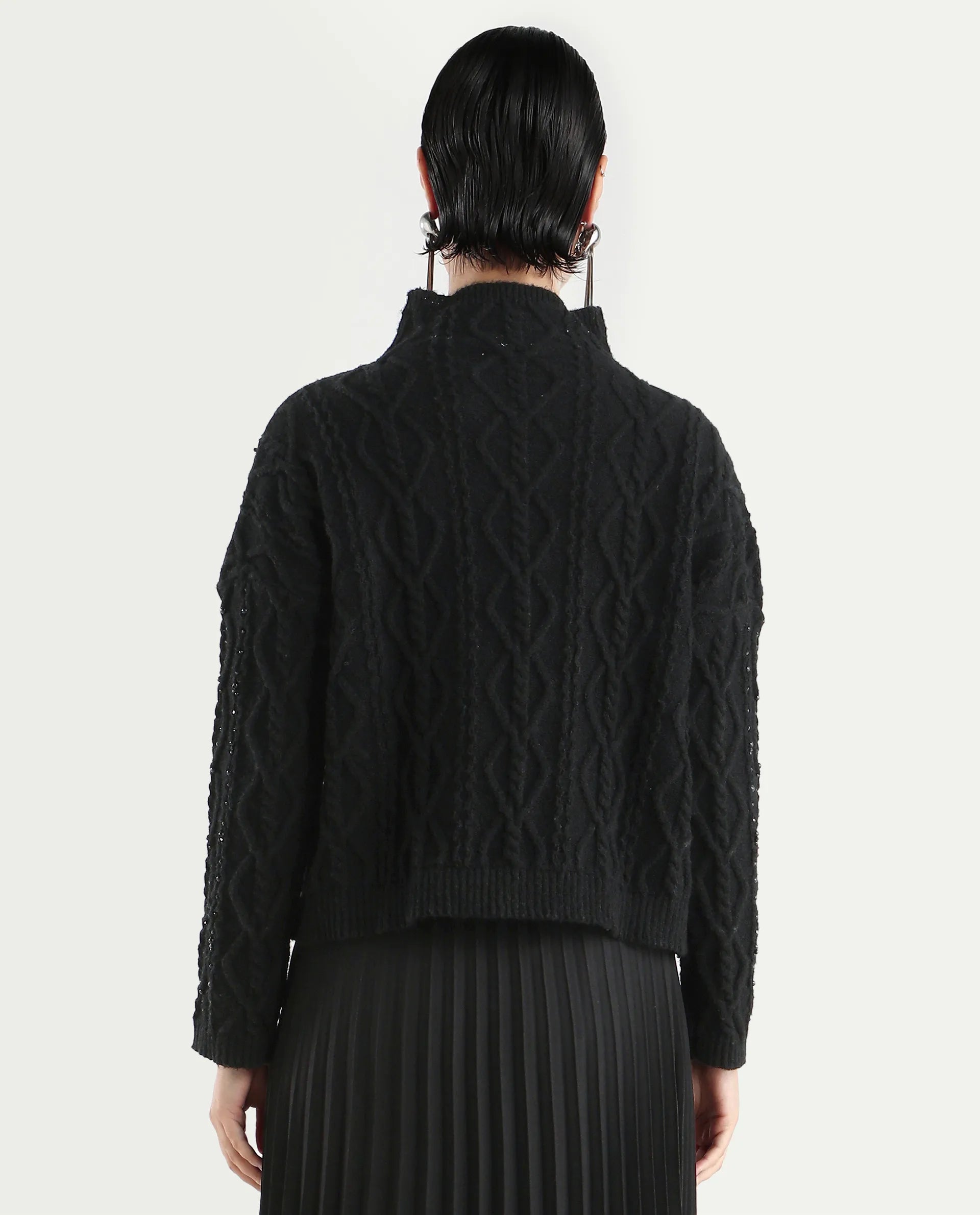 Rareism Women's Osmaniye Black Polyester High Neck Plain Relaxed Fit Sweater