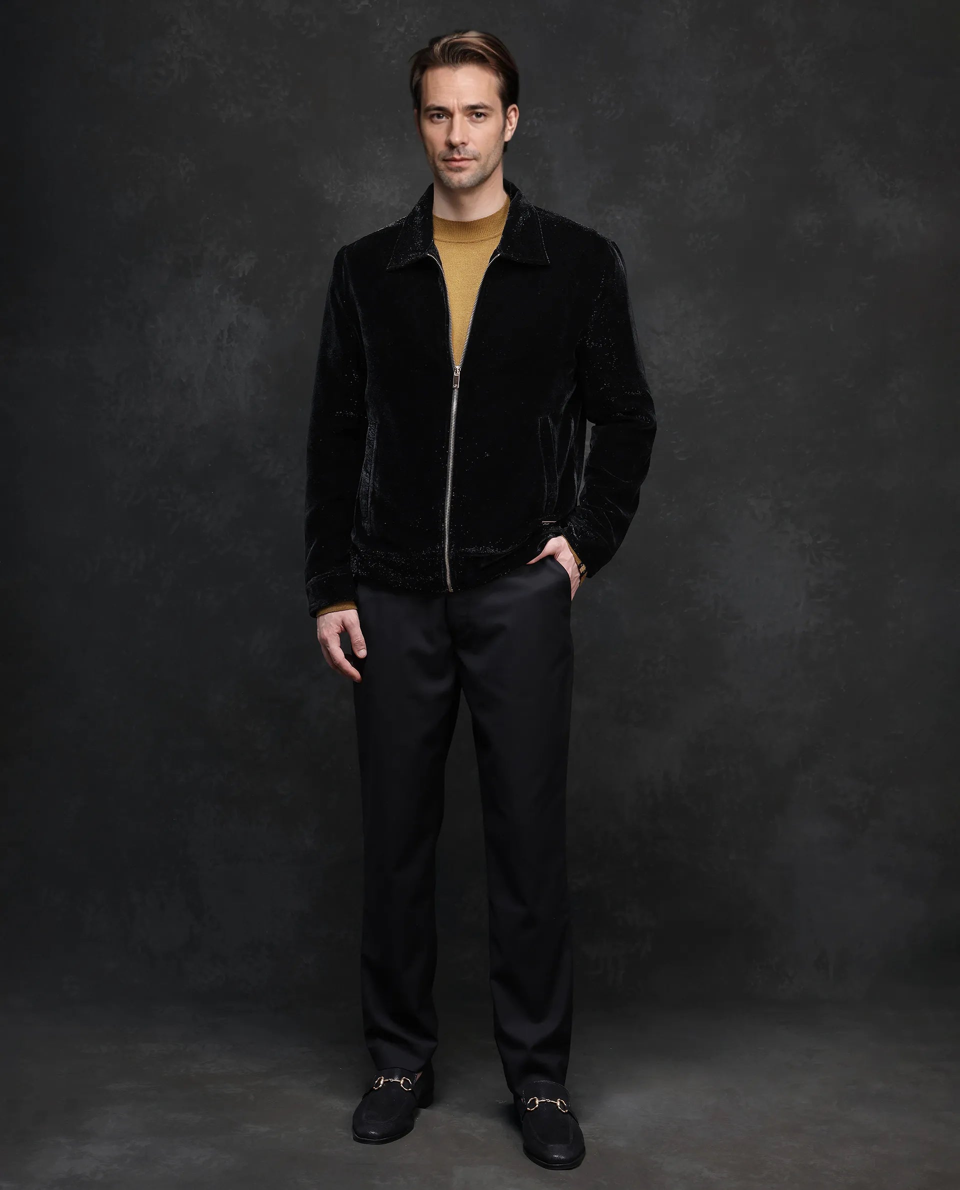 Rare Rabbit Men Otaki-2 Black Polyester Fabric Full Sleeve Collared Neck Zipper Closure Plain Jacket