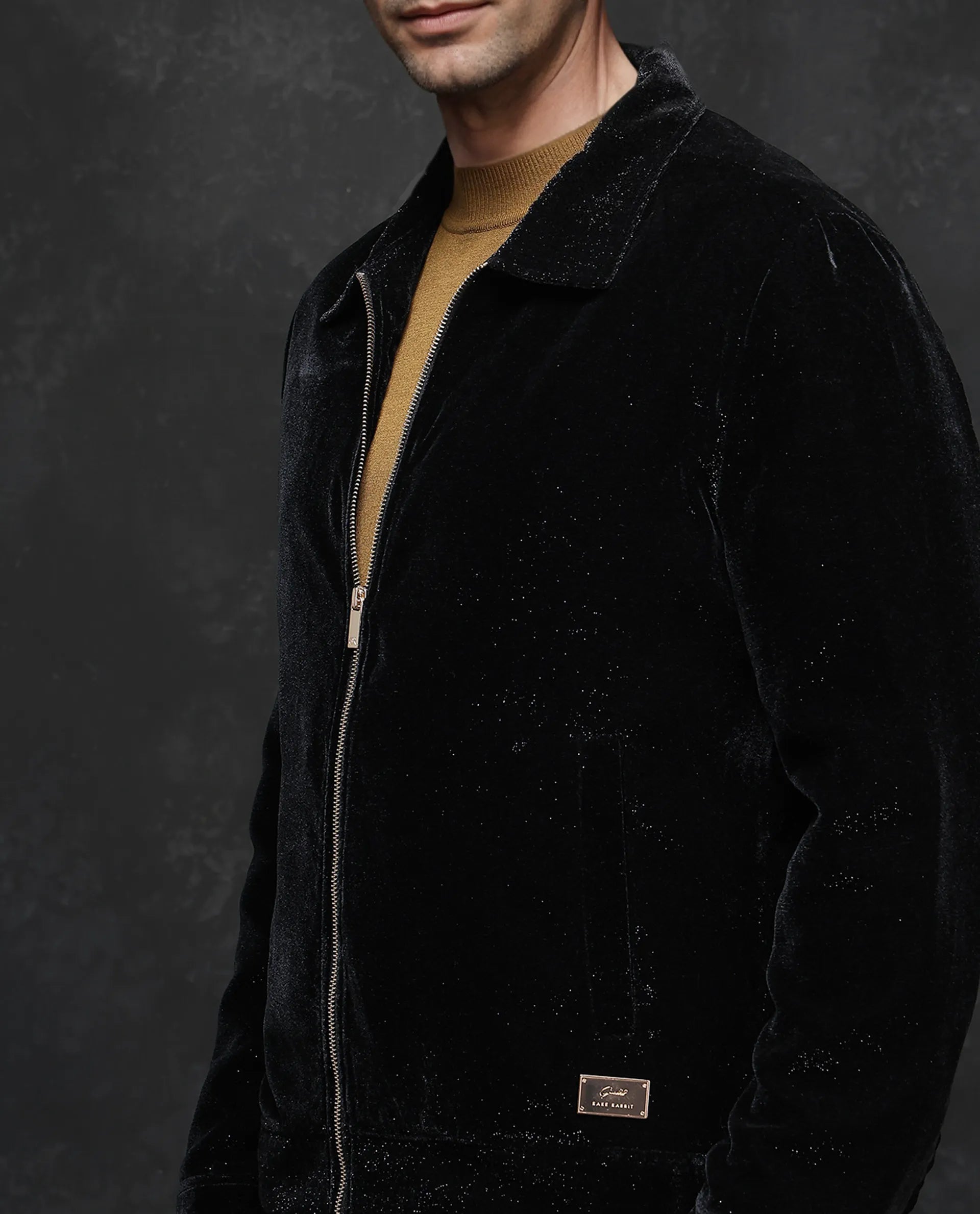 Rare Rabbit Men Otaki-2 Black Polyester Fabric Full Sleeve Collared Neck Zipper Closure Plain Jacket