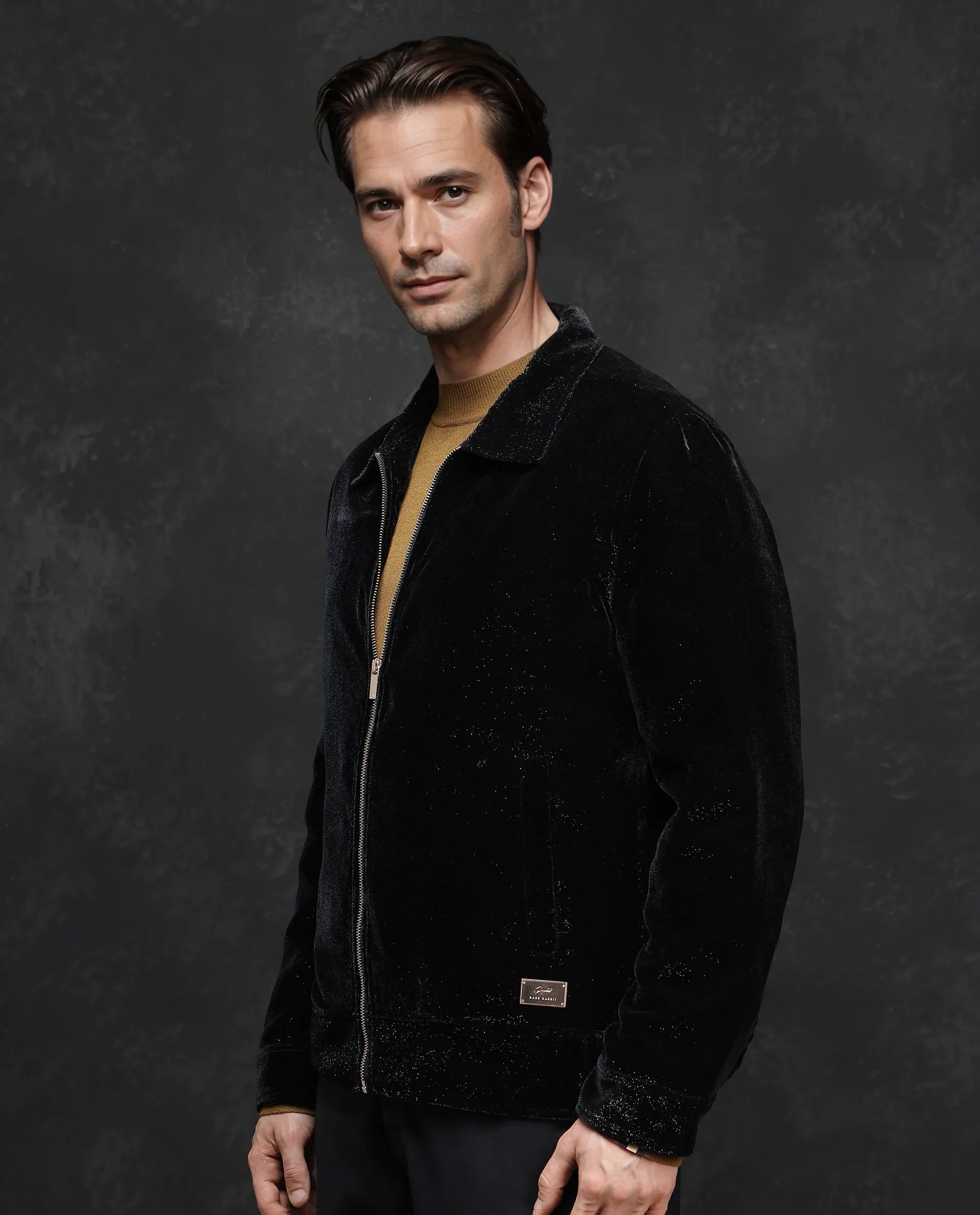 Rare Rabbit Men Otaki-2 Black Polyester Fabric Full Sleeve Collared Neck Zipper Closure Plain Jacket