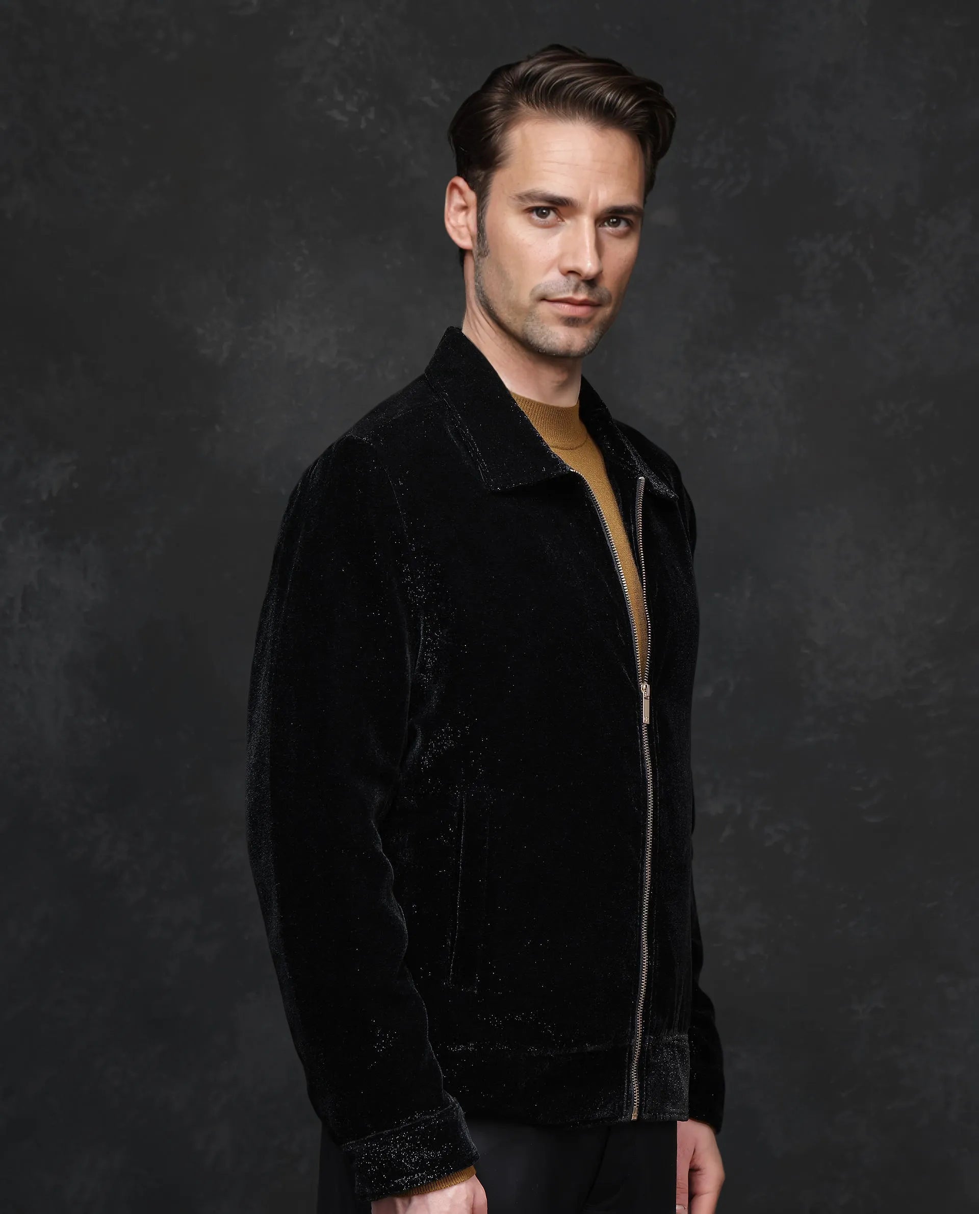 Rare Rabbit Men Otaki-2 Black Polyester Fabric Full Sleeve Collared Neck Zipper Closure Plain Jacket