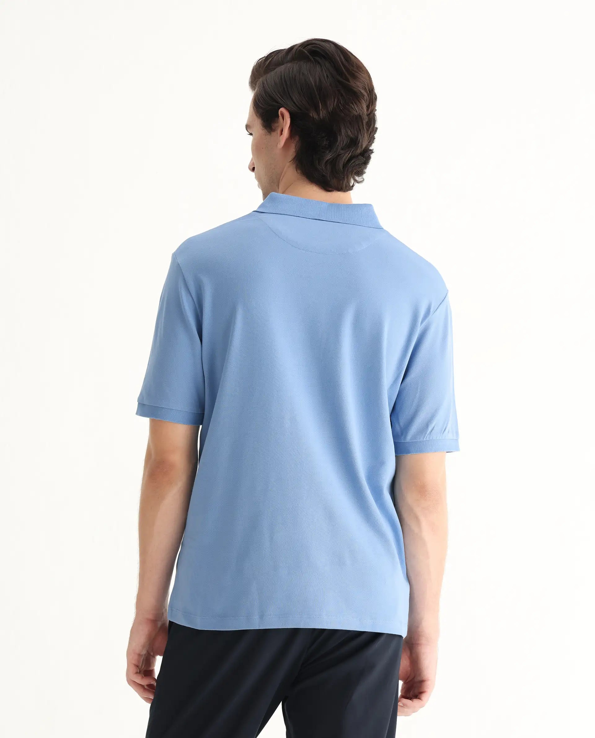 Rare Rabbit Men's Otes Blue Cotton Plain Regular Fit Half Sleeve Polo