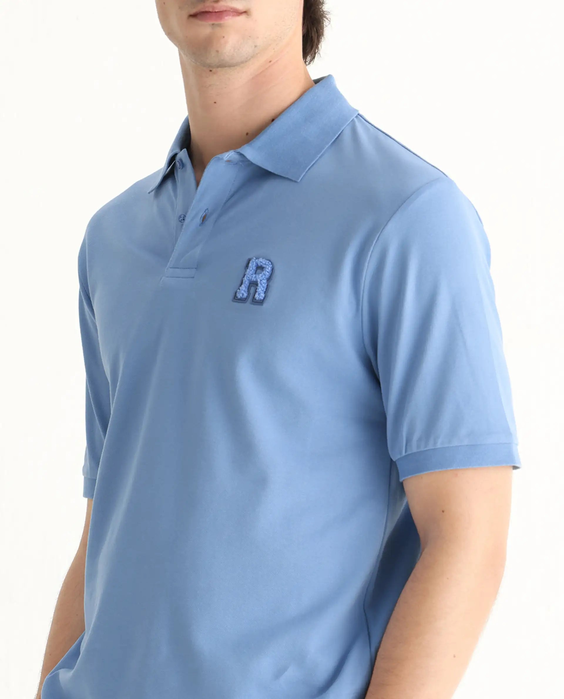 Rare Rabbit Men's Otes Blue Cotton Plain Regular Fit Half Sleeve Polo