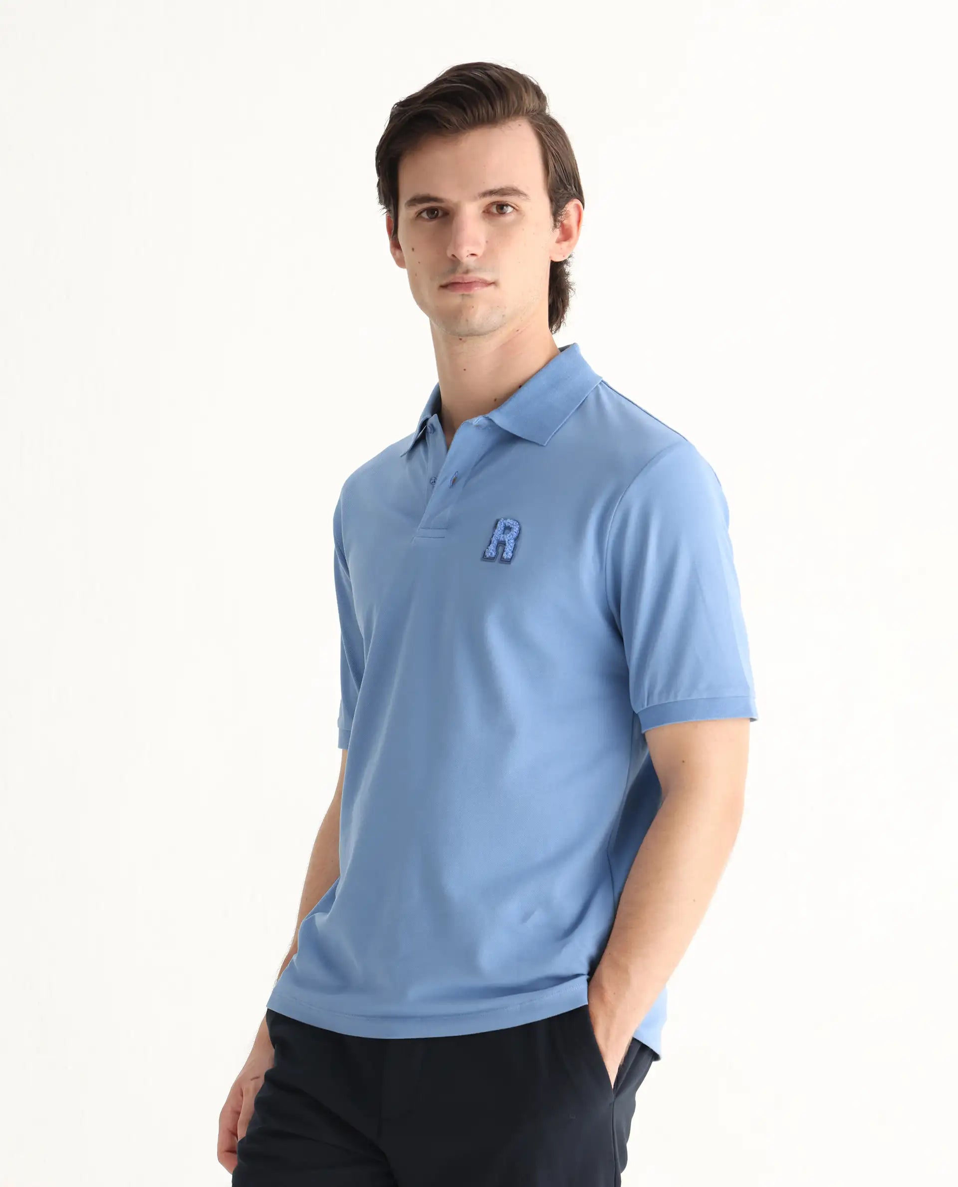 Rare Rabbit Men's Otes Blue Cotton Plain Regular Fit Half Sleeve Polo