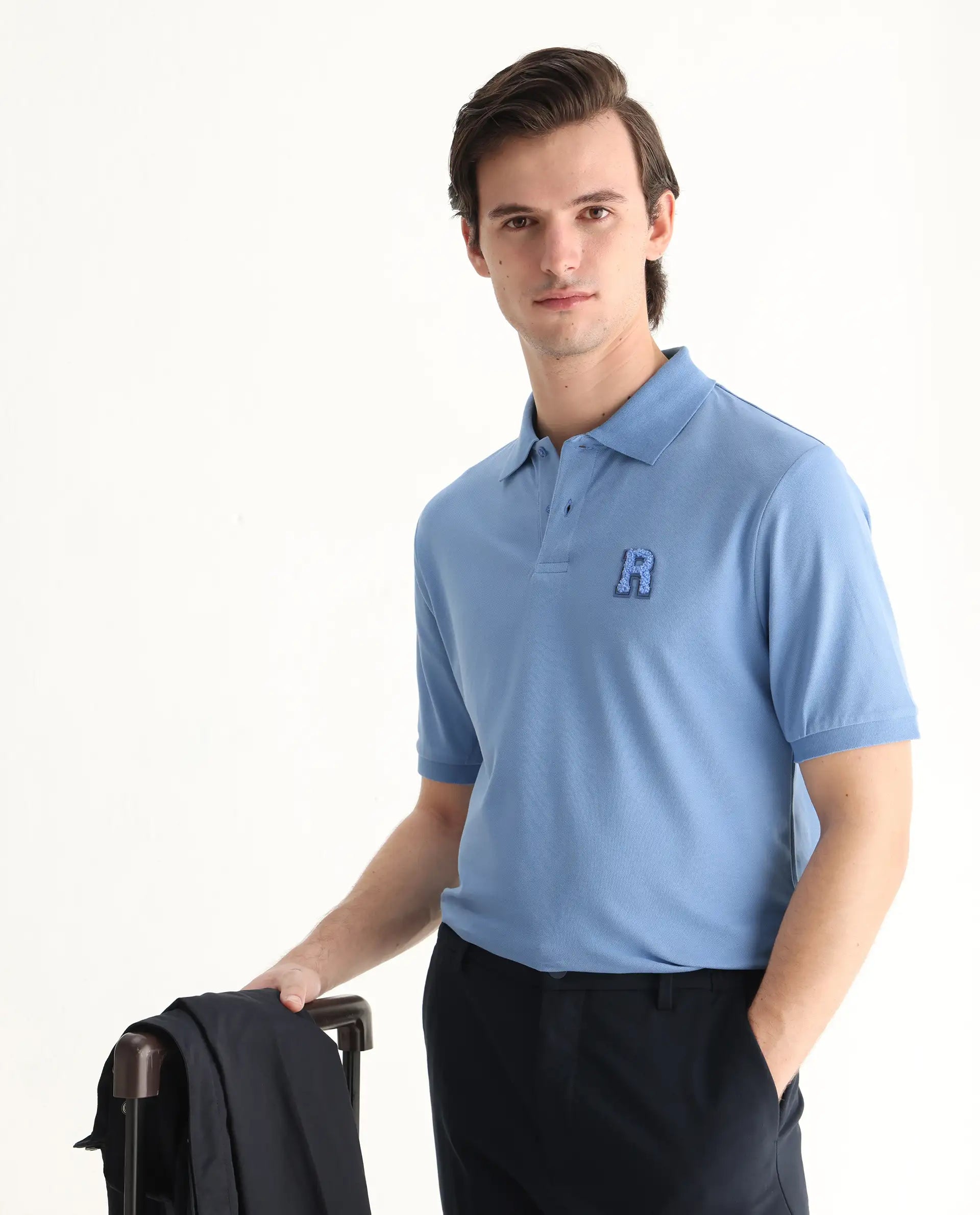 Rare Rabbit Men's Otes Blue Cotton Plain Regular Fit Half Sleeve Polo