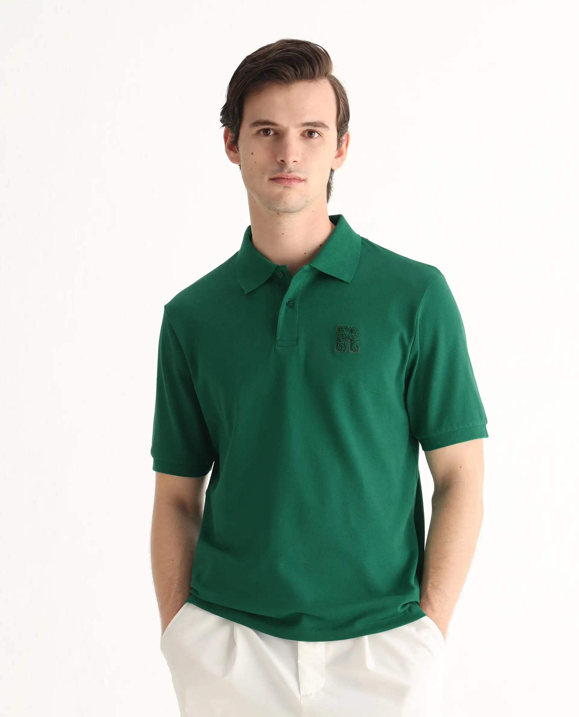 Rare Rabbit Men's Otes Green Cotton Plain Regular Fit Half Sleeve Polo
