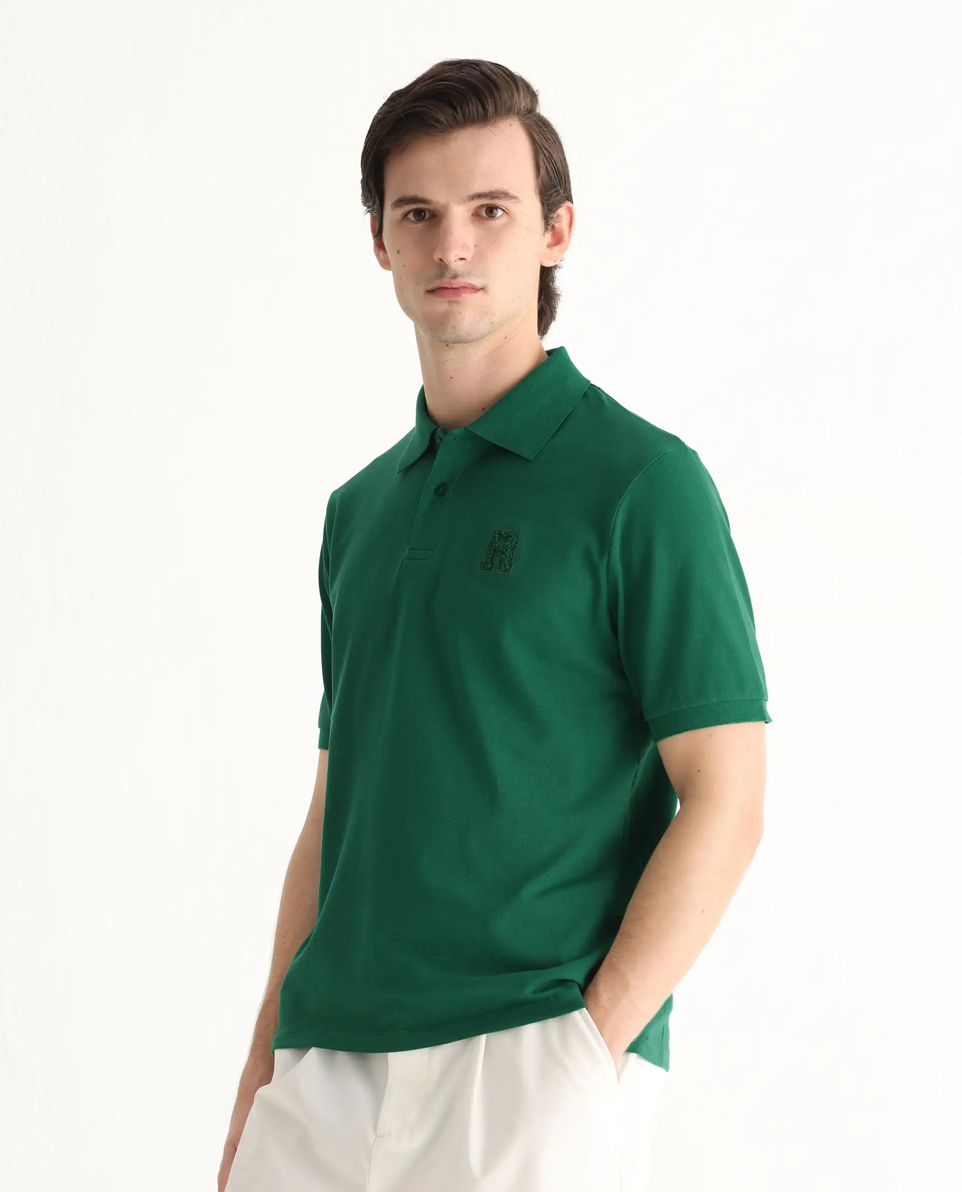 Rare Rabbit Men's Otes Green Cotton Plain Regular Fit Half Sleeve Polo
