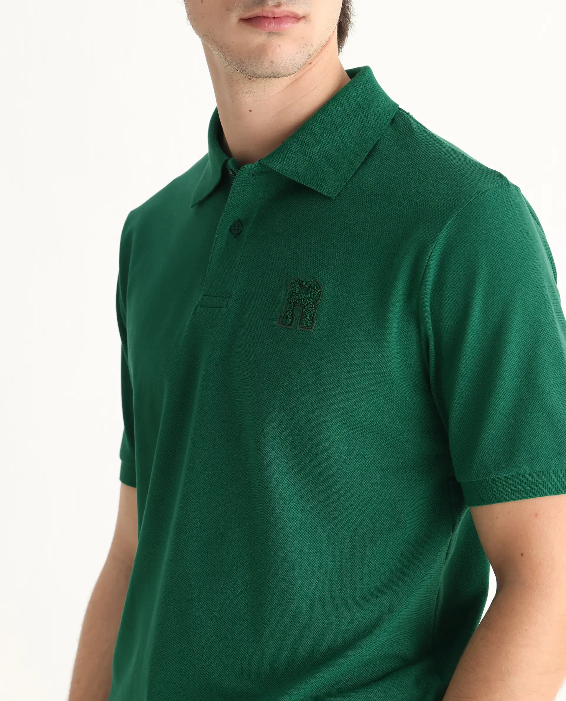 Rare Rabbit Men's Otes Green Cotton Plain Regular Fit Half Sleeve Polo