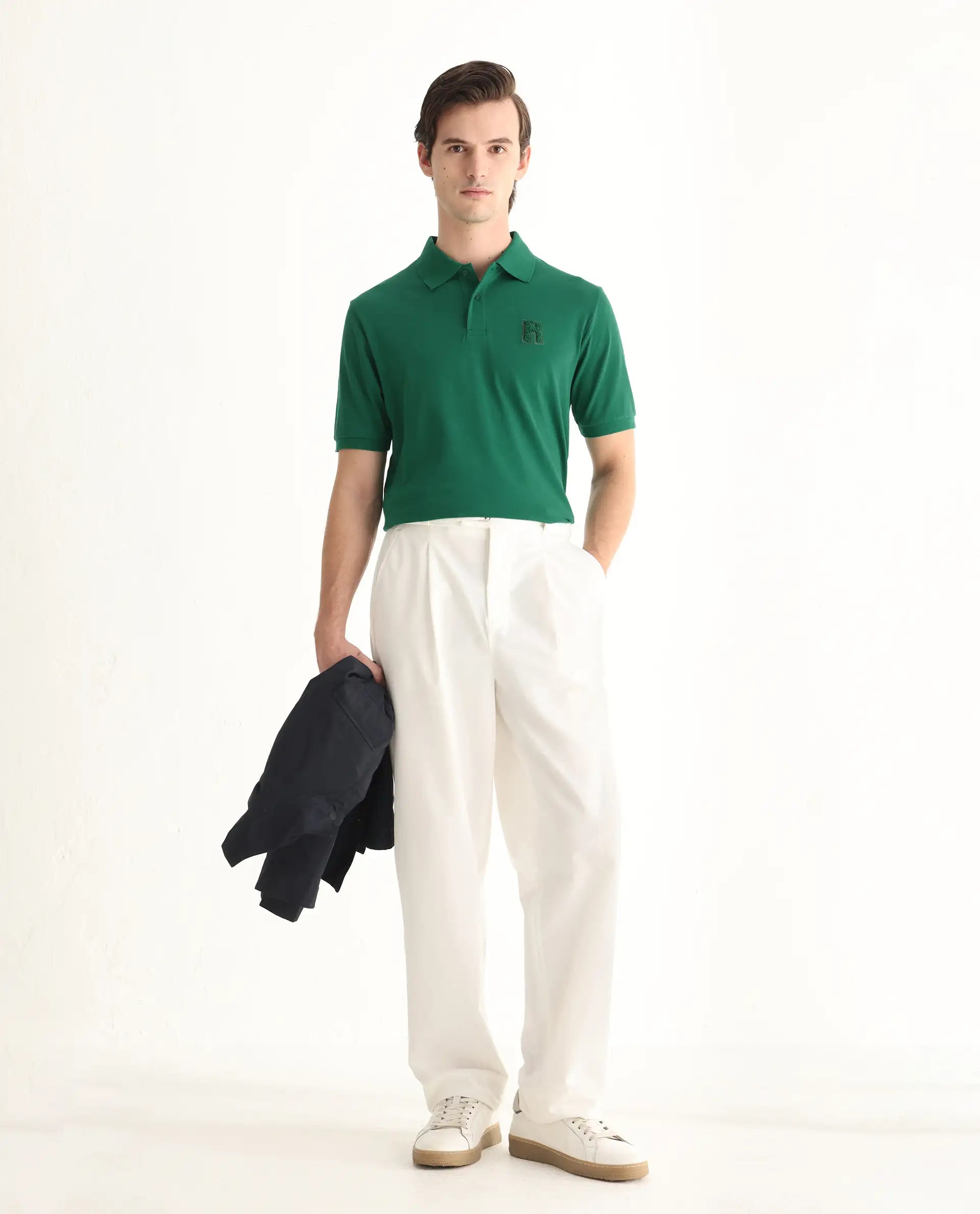 Rare Rabbit Men's Otes Green Cotton Plain Regular Fit Half Sleeve Polo