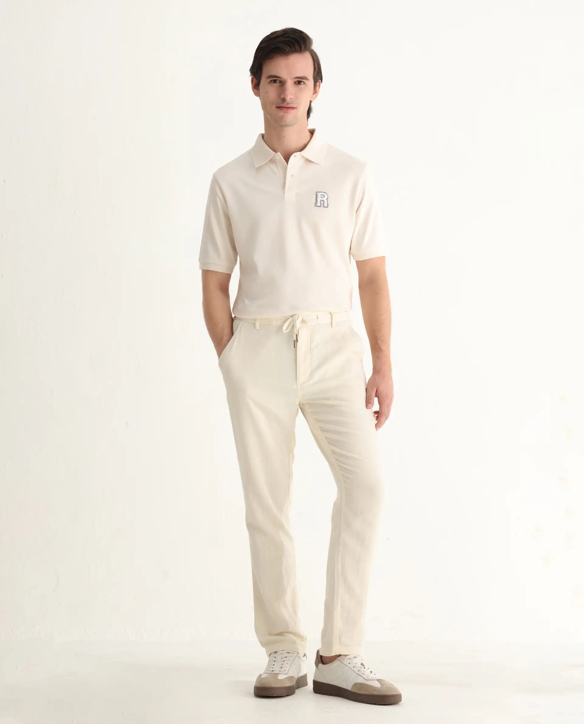 Rare Rabbit Men's Otes Off White Cotton Plain Regular Fit Half Sleeve Polo