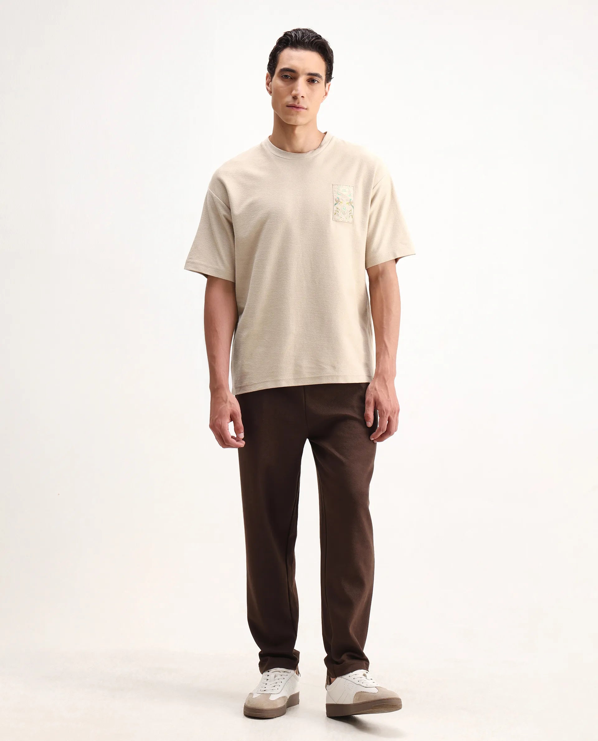 Rare Rabbit Men's Oxo Beige Cotton Embroidered Oversized Fit Half Sleeve Crew Neck T-Shirt