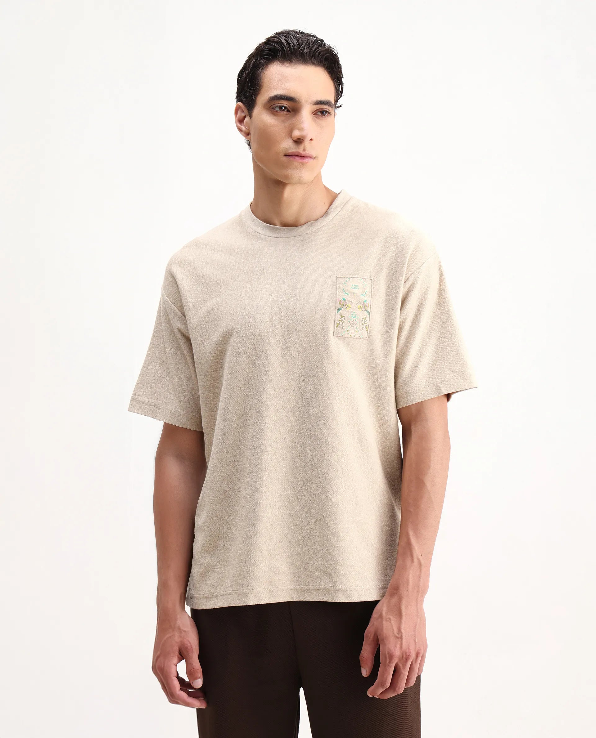 Rare Rabbit Men's Oxo Beige Cotton Embroidered Oversized Fit Half Sleeve Crew Neck T-Shirt