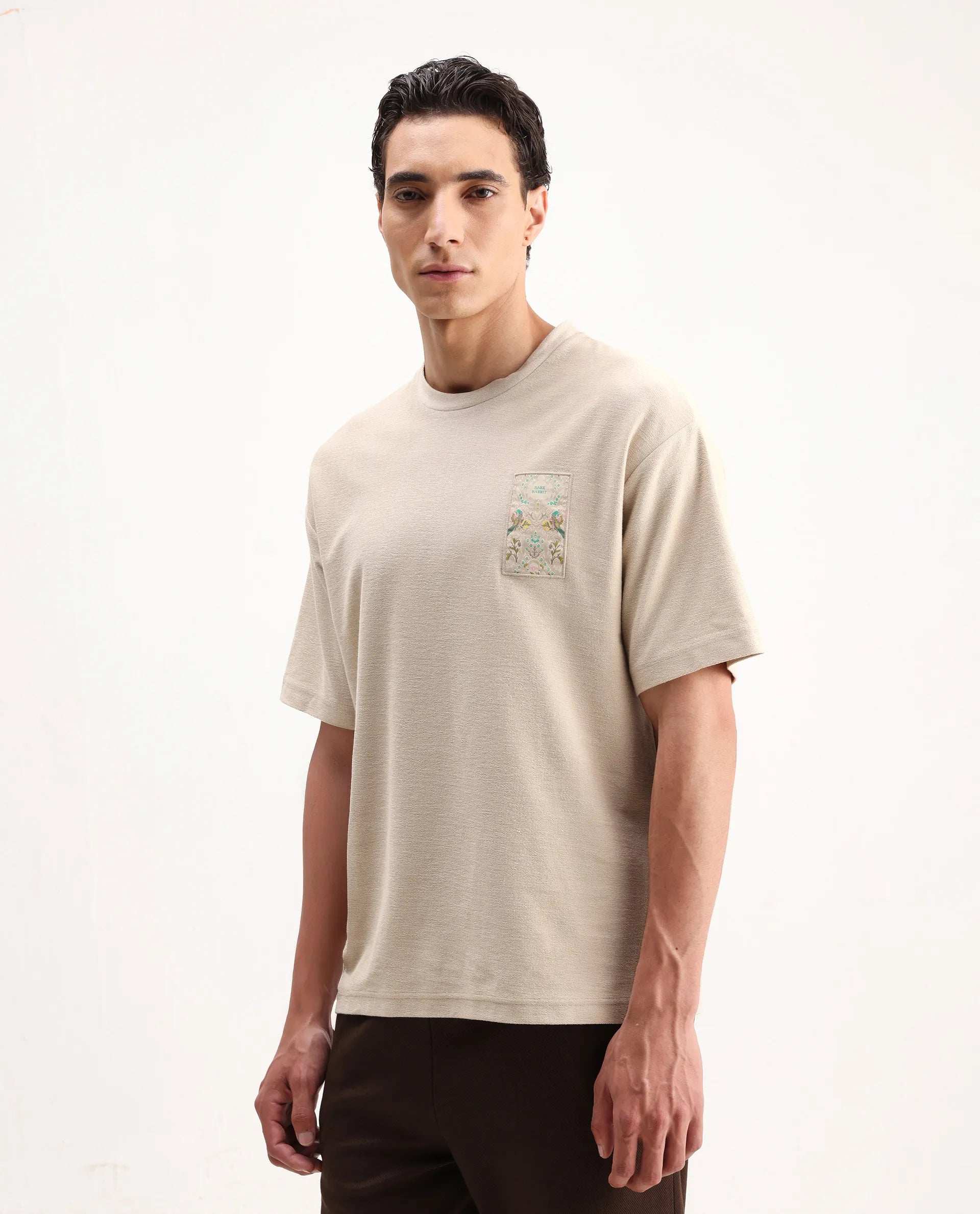 Rare Rabbit Men's Oxo Beige Cotton Embroidered Oversized Fit Half Sleeve Crew Neck T-Shirt