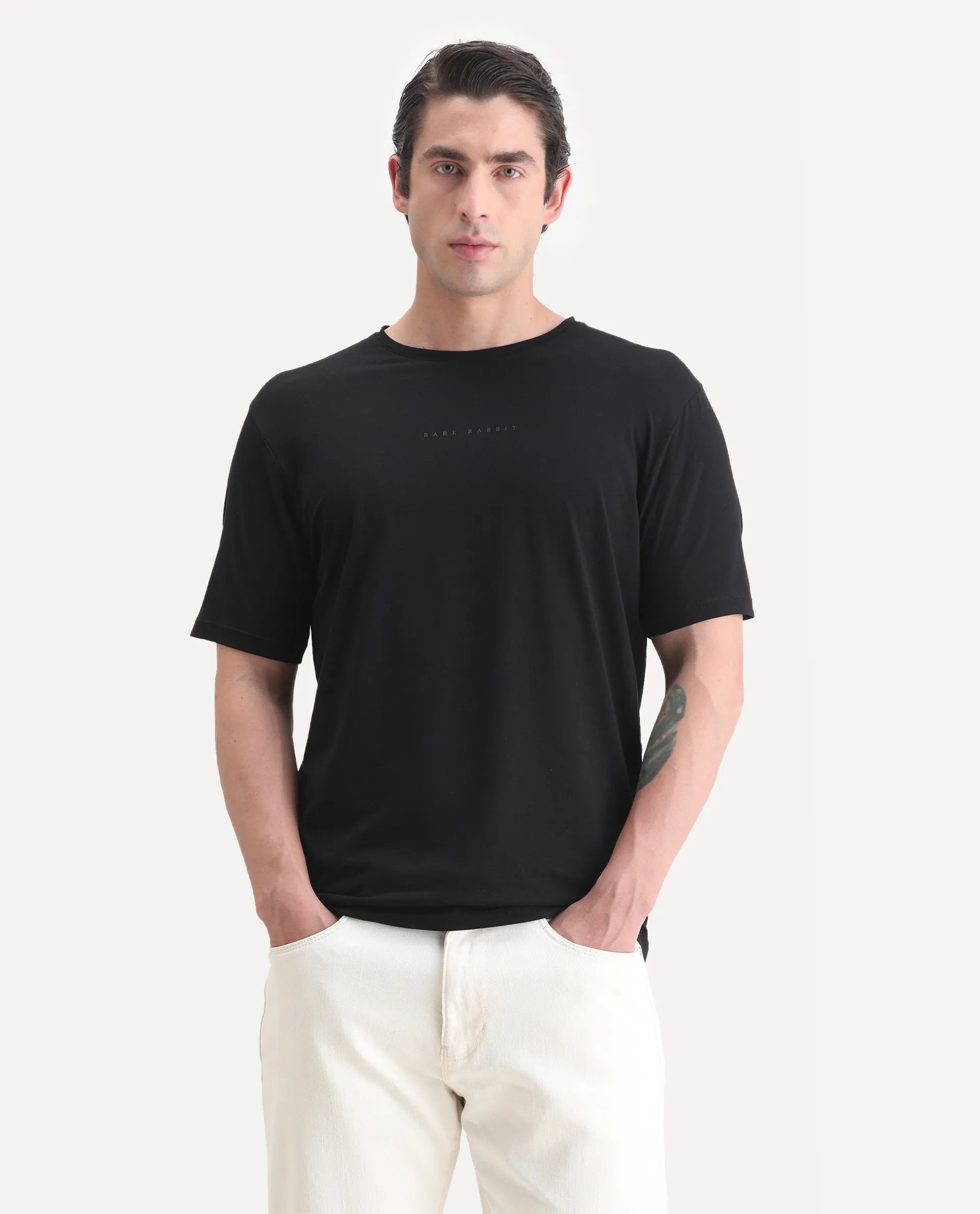 Rare Rabbit Men's Paig Black Cotton Blend Plain Relaxed Fit Half Sleeve Crew Neck T-Shirt