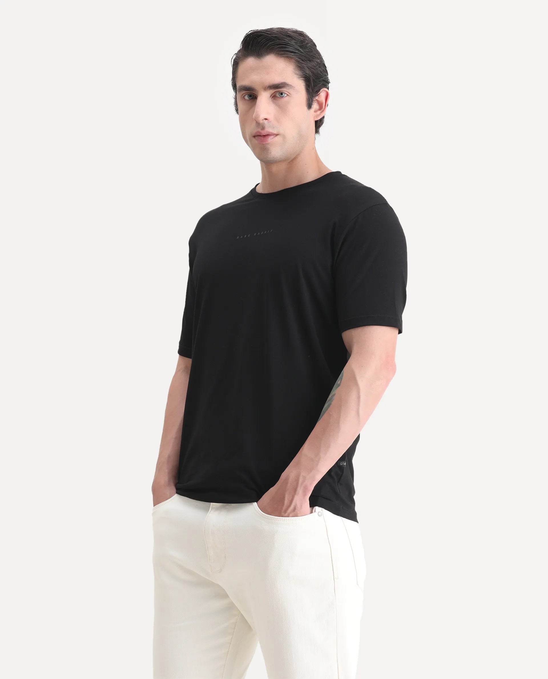 Rare Rabbit Men's Paig Black Cotton Blend Plain Relaxed Fit Half Sleeve Crew Neck T-Shirt