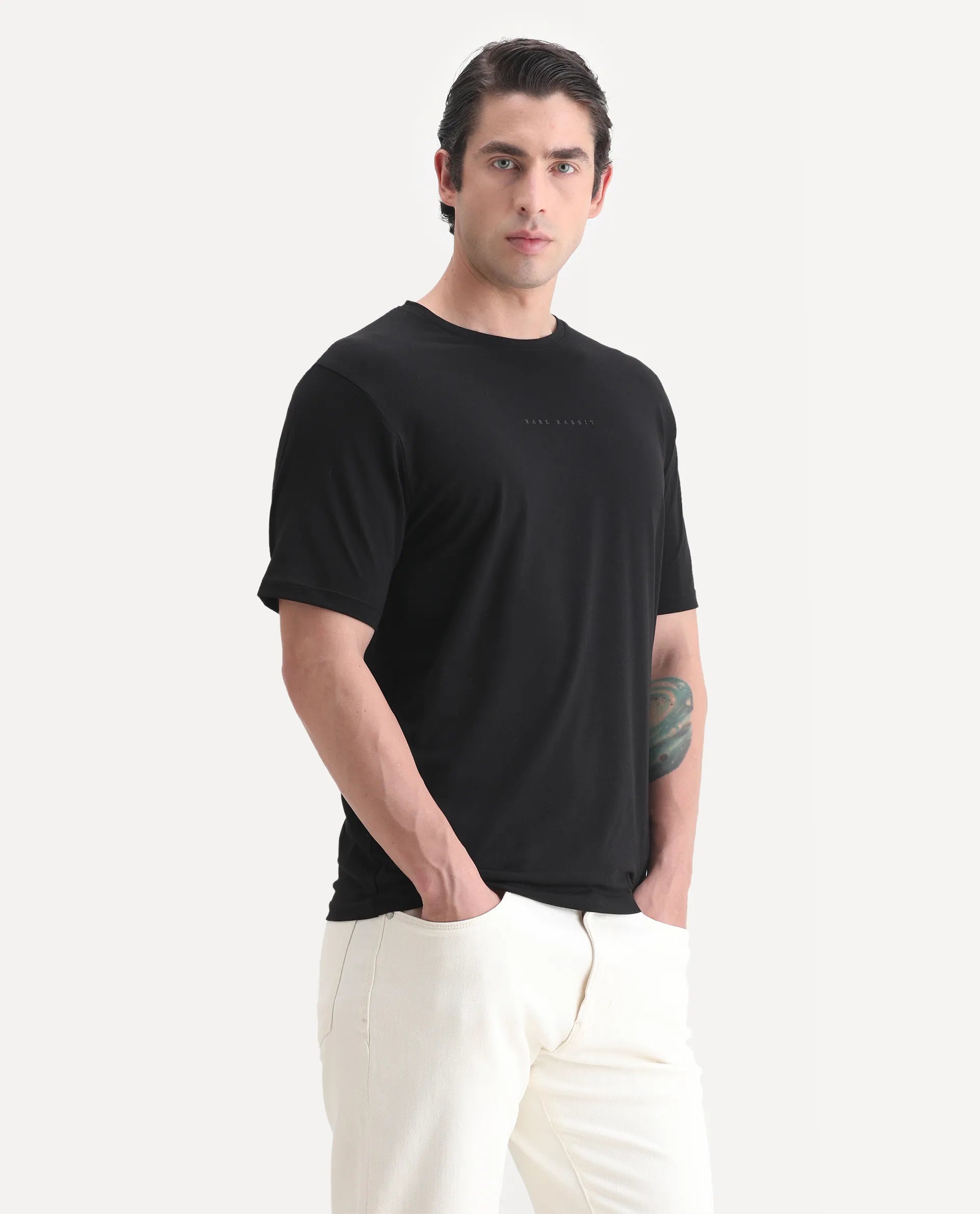 Rare Rabbit Men's Paig Black Cotton Blend Plain Relaxed Fit Half Sleeve Crew Neck T-Shirt