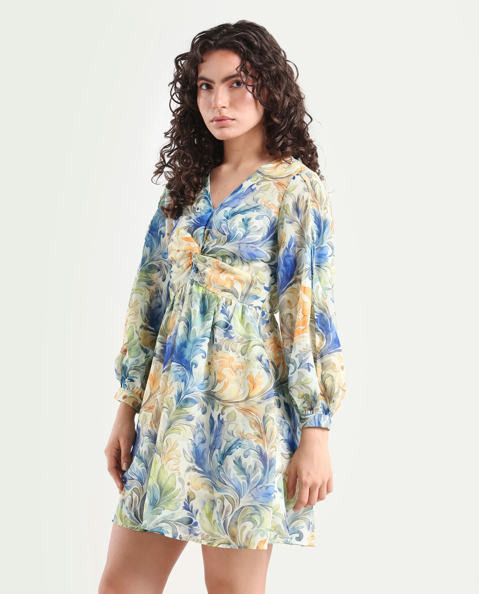 Rareism Women's Paistley Pastel Pink Polyester V-Neck Abstract Print Bishop Sleeve Mini Fit And Flare Dress