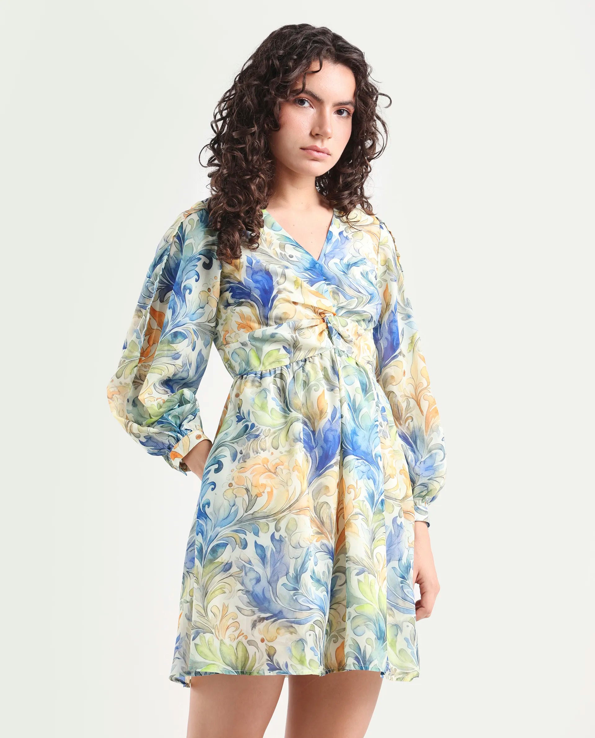 Rareism Women's Paistley Pastel Pink Polyester V-Neck Abstract Print Bishop Sleeve Mini Fit And Flare Dress