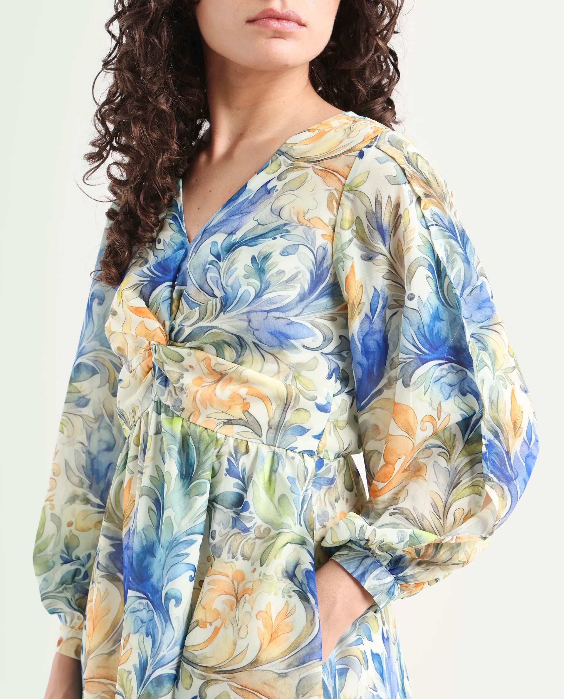 Rareism Women's Paistley Pastel Pink Polyester V-Neck Abstract Print Bishop Sleeve Mini Fit And Flare Dress