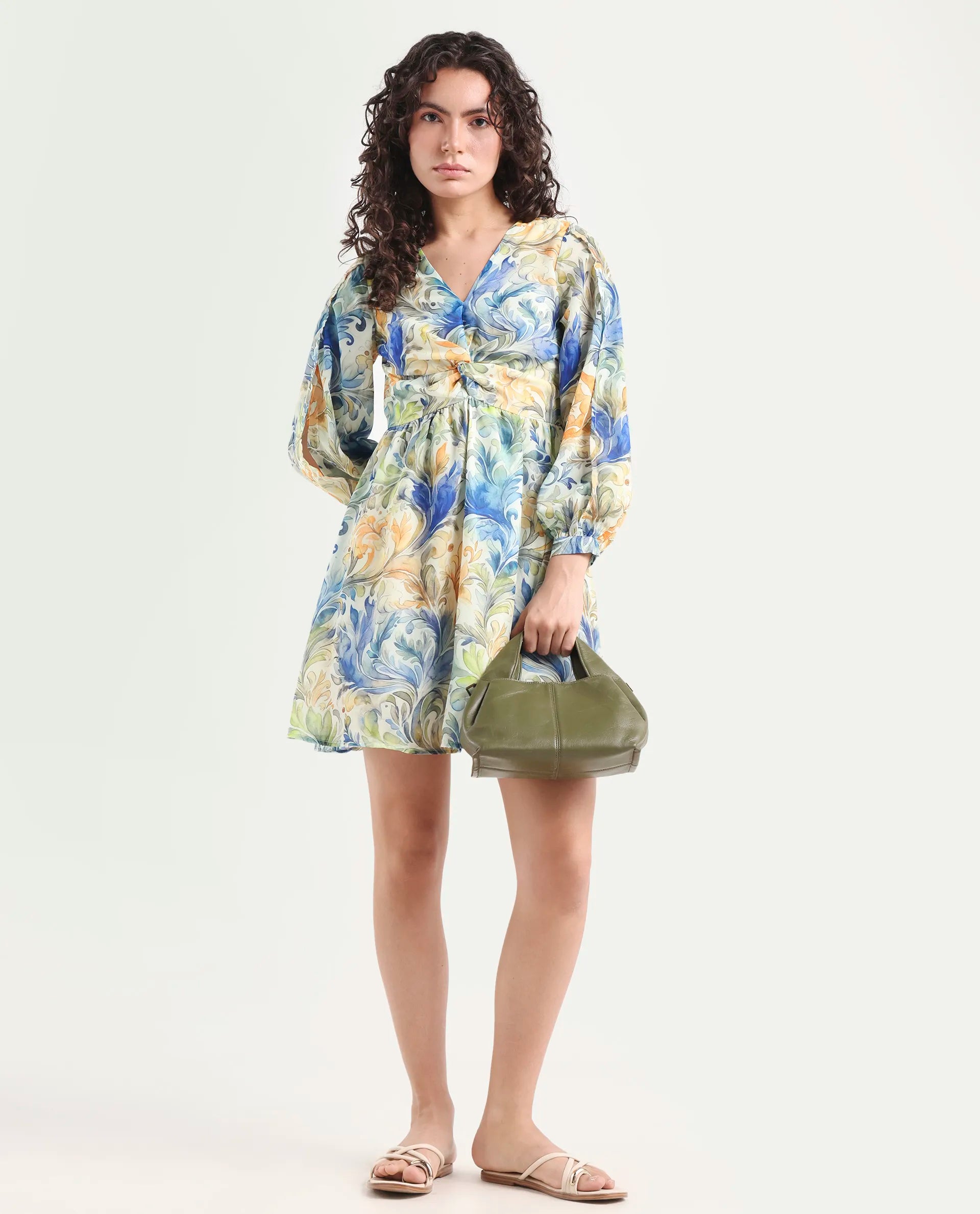 Rareism Women's Paistley Pastel Pink Polyester V-Neck Abstract Print Bishop Sleeve Mini Fit And Flare Dress