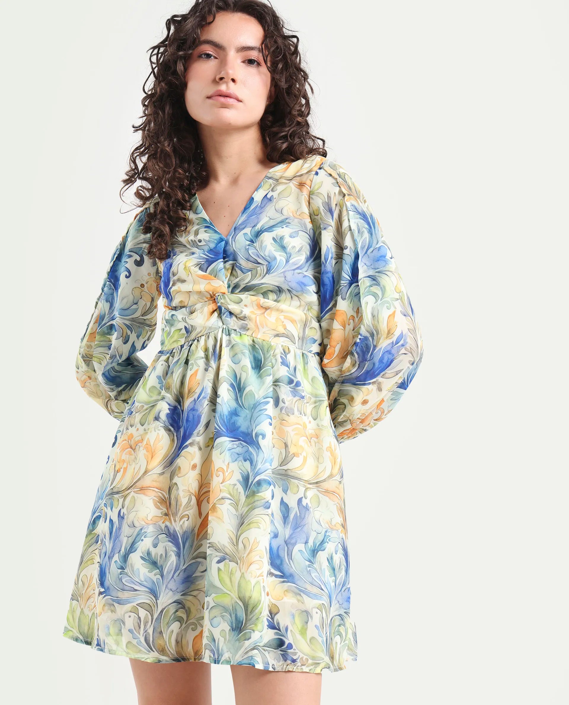 Rareism Women's Paistley Pastel Pink Polyester V-Neck Abstract Print Bishop Sleeve Mini Fit And Flare Dress