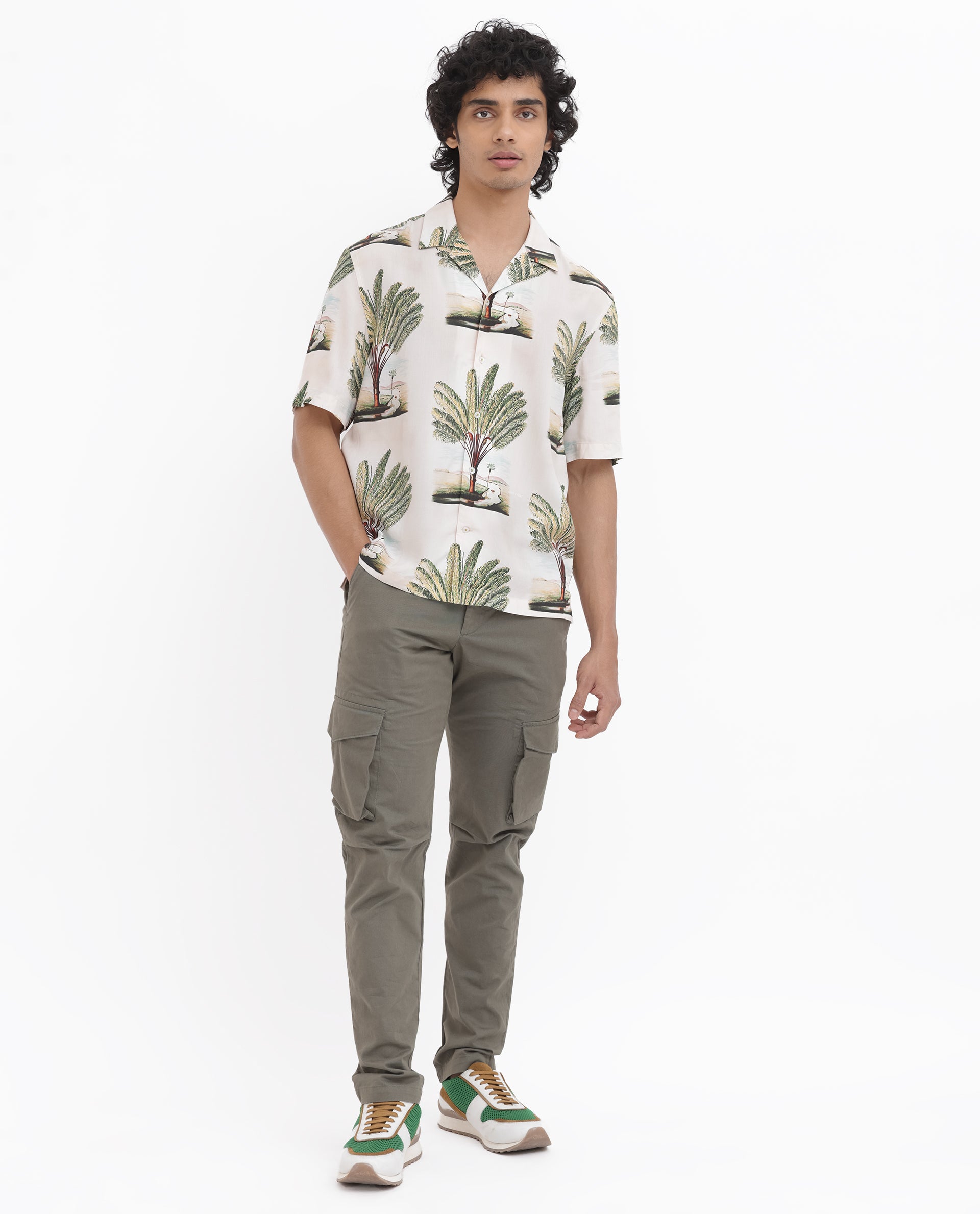 Rare Rabbit Men's Palamo Beige Viscose Fabric Cuban Collar Half Sleeves Boxy Fit Tropical Print Shirt