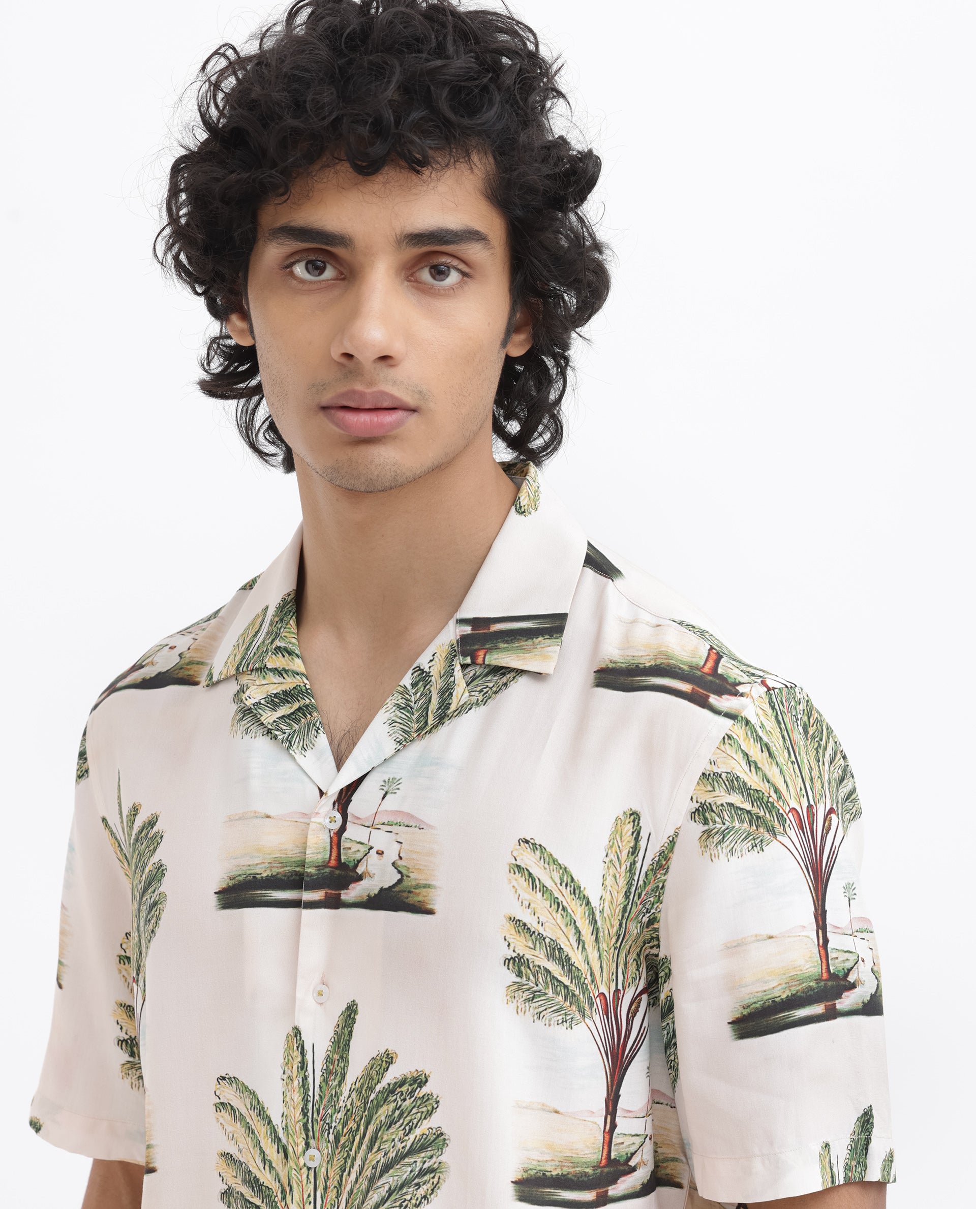 Rare Rabbit Men's Palamo Beige Viscose Fabric Cuban Collar Half Sleeves Boxy Fit Tropical Print Shirt