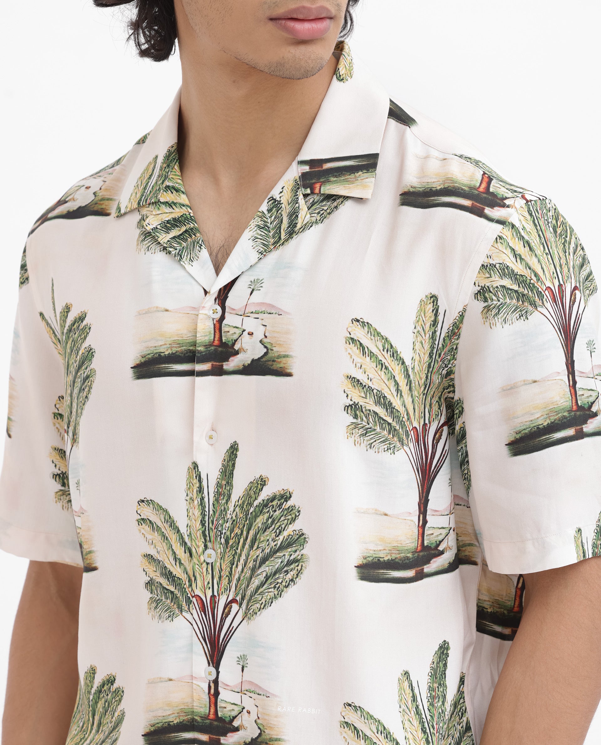 Rare Rabbit Men's Palamo Beige Viscose Fabric Cuban Collar Half Sleeves Boxy Fit Tropical Print Shirt