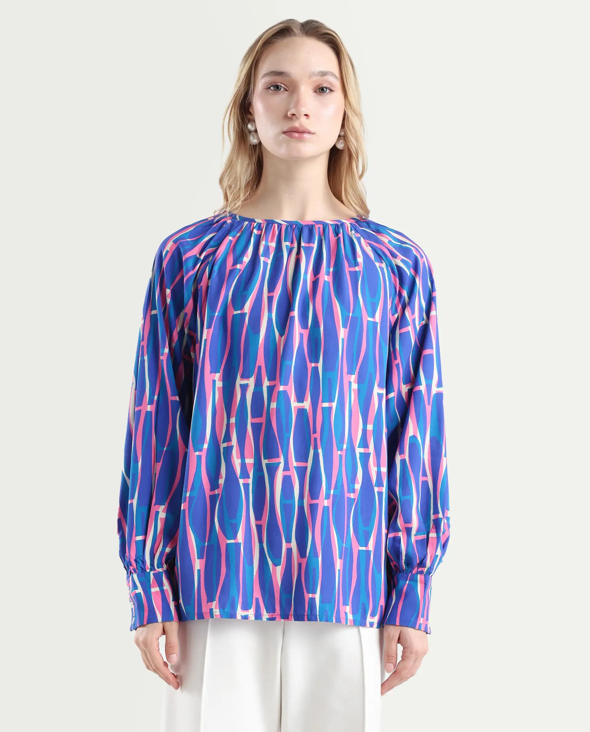 Rareism Women's Palermo Multi Viscose Crew Neck Abstract Print Raglan Sleeve Regular Fit Top