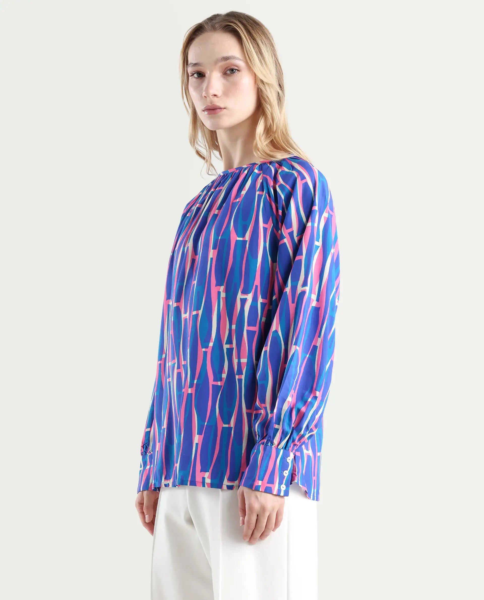 Rareism Women's Palermo Multi Viscose Crew Neck Abstract Print Raglan Sleeve Regular Fit Top