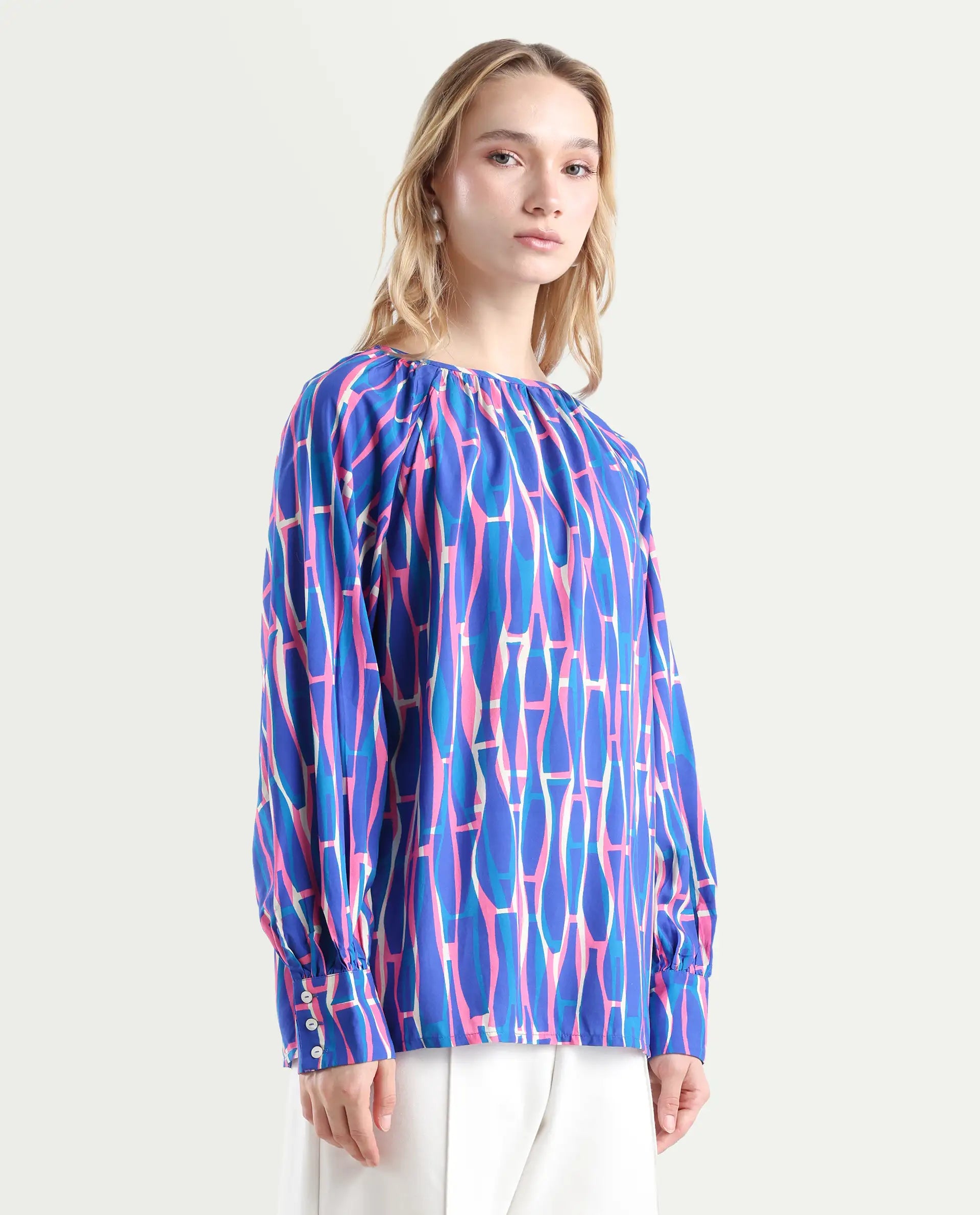 Rareism Women's Palermo Multi Viscose Crew Neck Abstract Print Raglan Sleeve Regular Fit Top