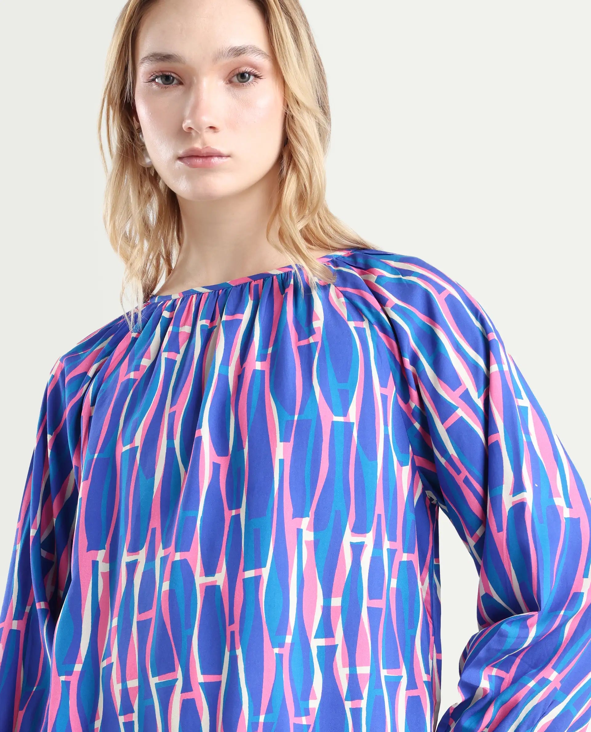 Rareism Women's Palermo Multi Viscose Crew Neck Abstract Print Raglan Sleeve Regular Fit Top