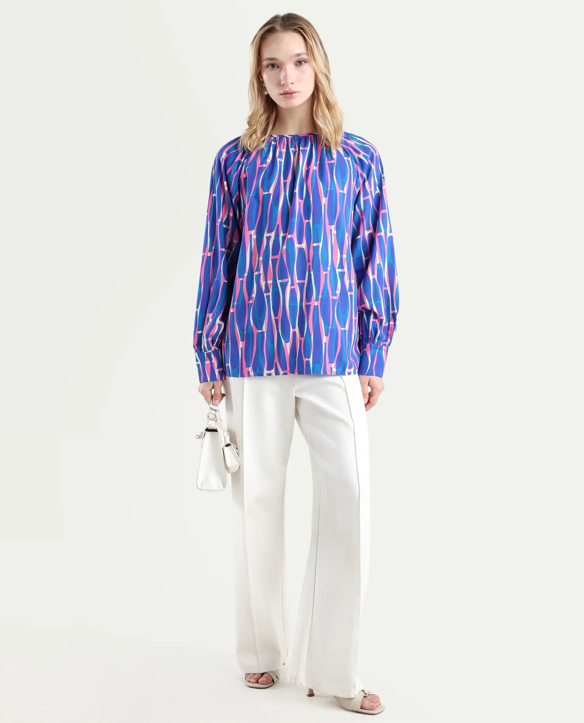 Rareism Women's Palermo Multi Viscose Crew Neck Abstract Print Raglan Sleeve Regular Fit Top