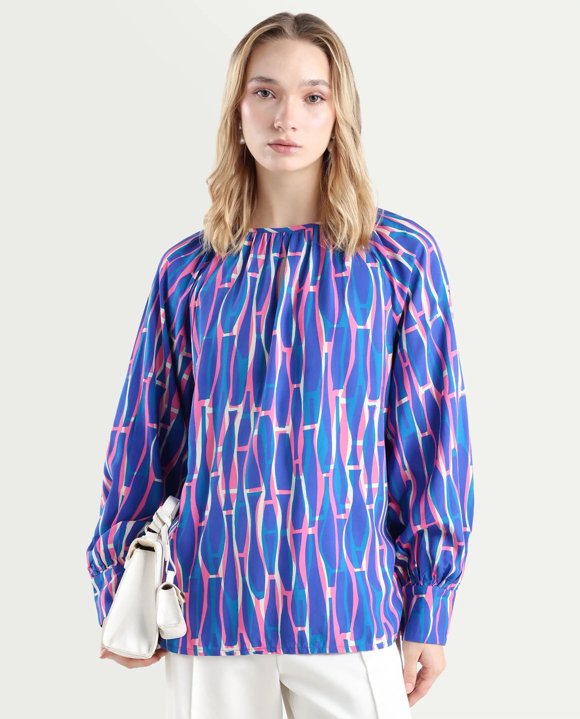 Rareism Women's Palermo Multi Viscose Crew Neck Abstract Print Raglan Sleeve Regular Fit Top