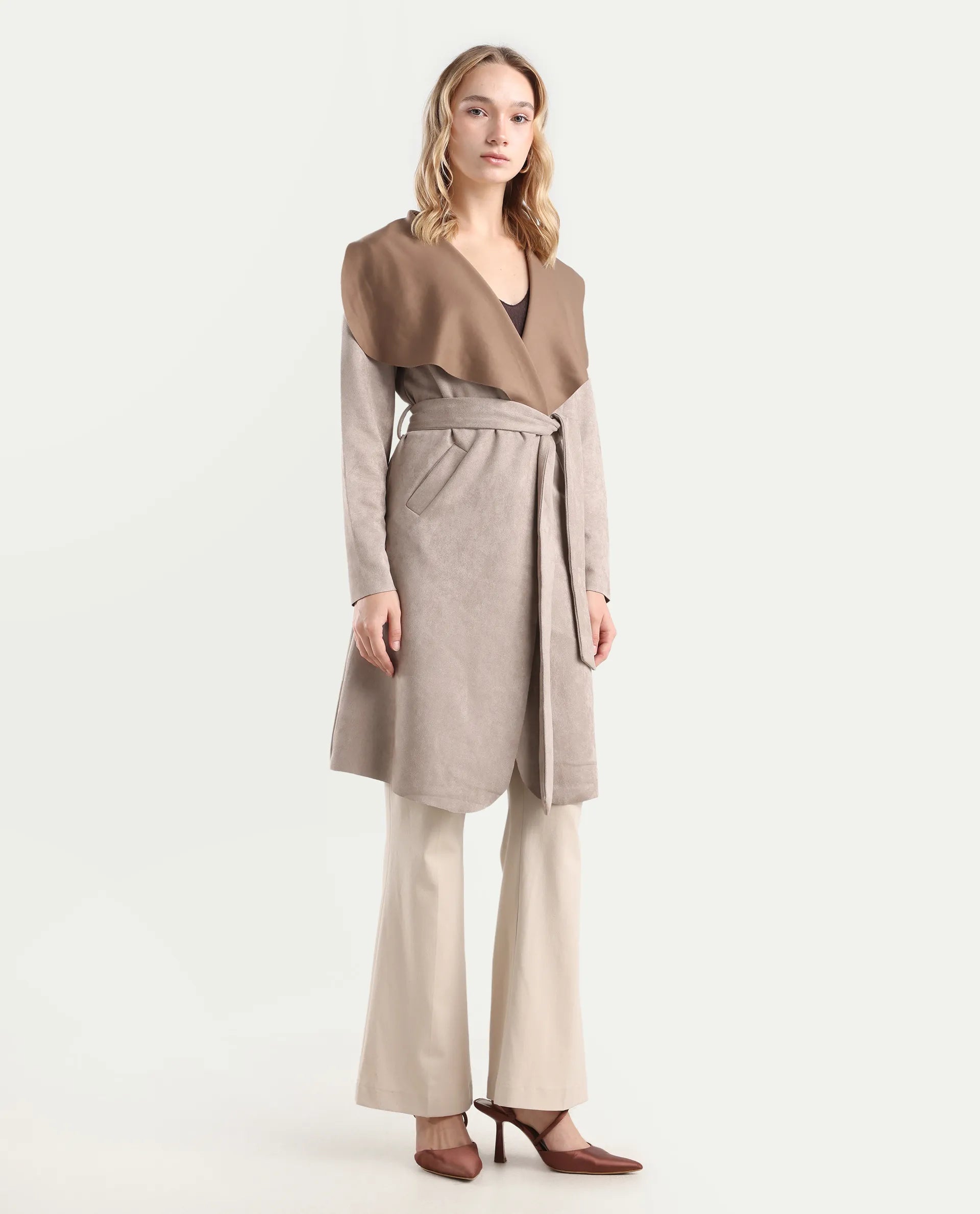 Rareism Women's Palmer-25 Off White Polyester Blend Fabric Lapel Neck Regular Fit Coat