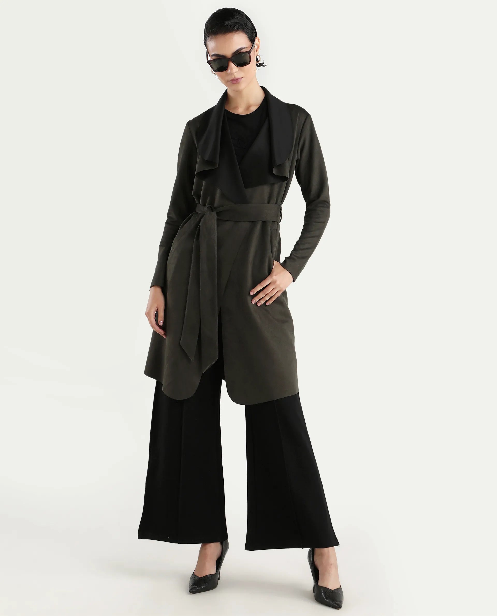 Rareism Women's Palmer 2 Olive Suede Waterfall Neck Plain Midi Boxy Fit Jacket