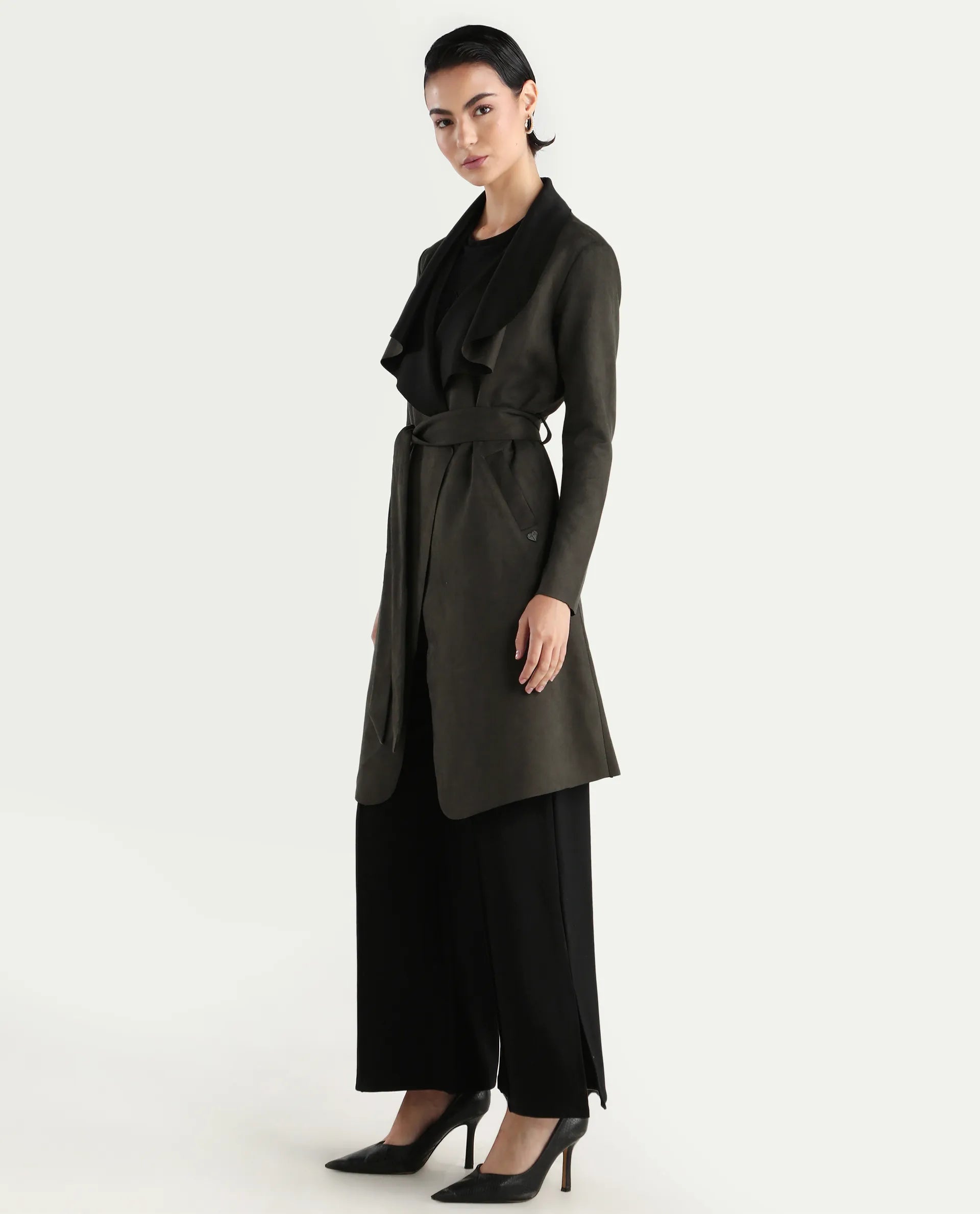 Rareism Women's Palmer 2 Olive Suede Waterfall Neck Plain Midi Boxy Fit Jacket