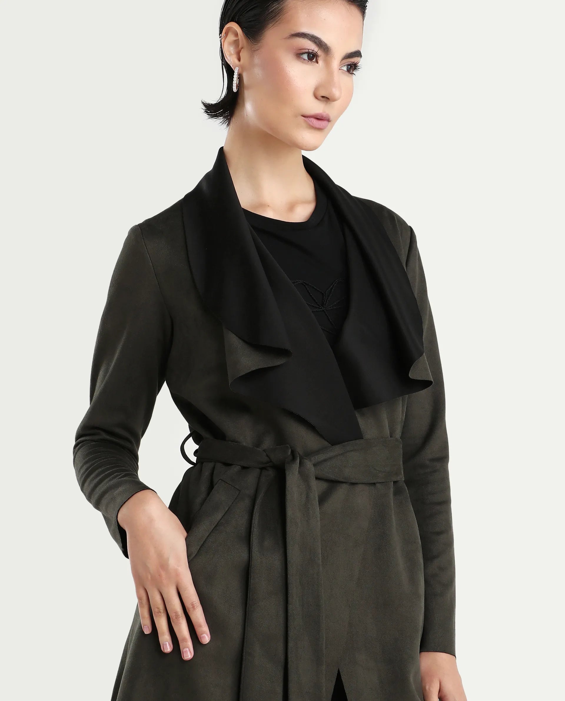 Rareism Women's Palmer 2 Olive Suede Waterfall Neck Plain Midi Boxy Fit Jacket