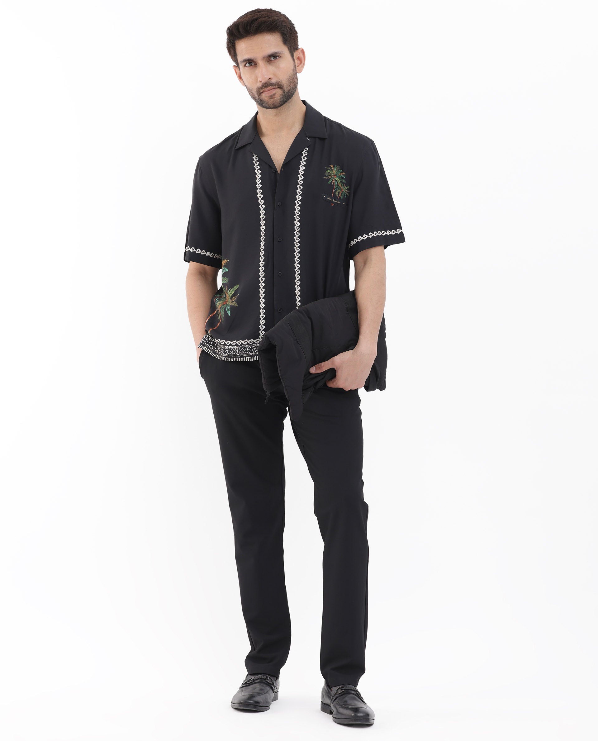 Rare Rabbit Men's Palms Black Viscose Fabric Cuban Collar Half Sleeves Boxy Fit Placement Tropical Print Bowler Shirt